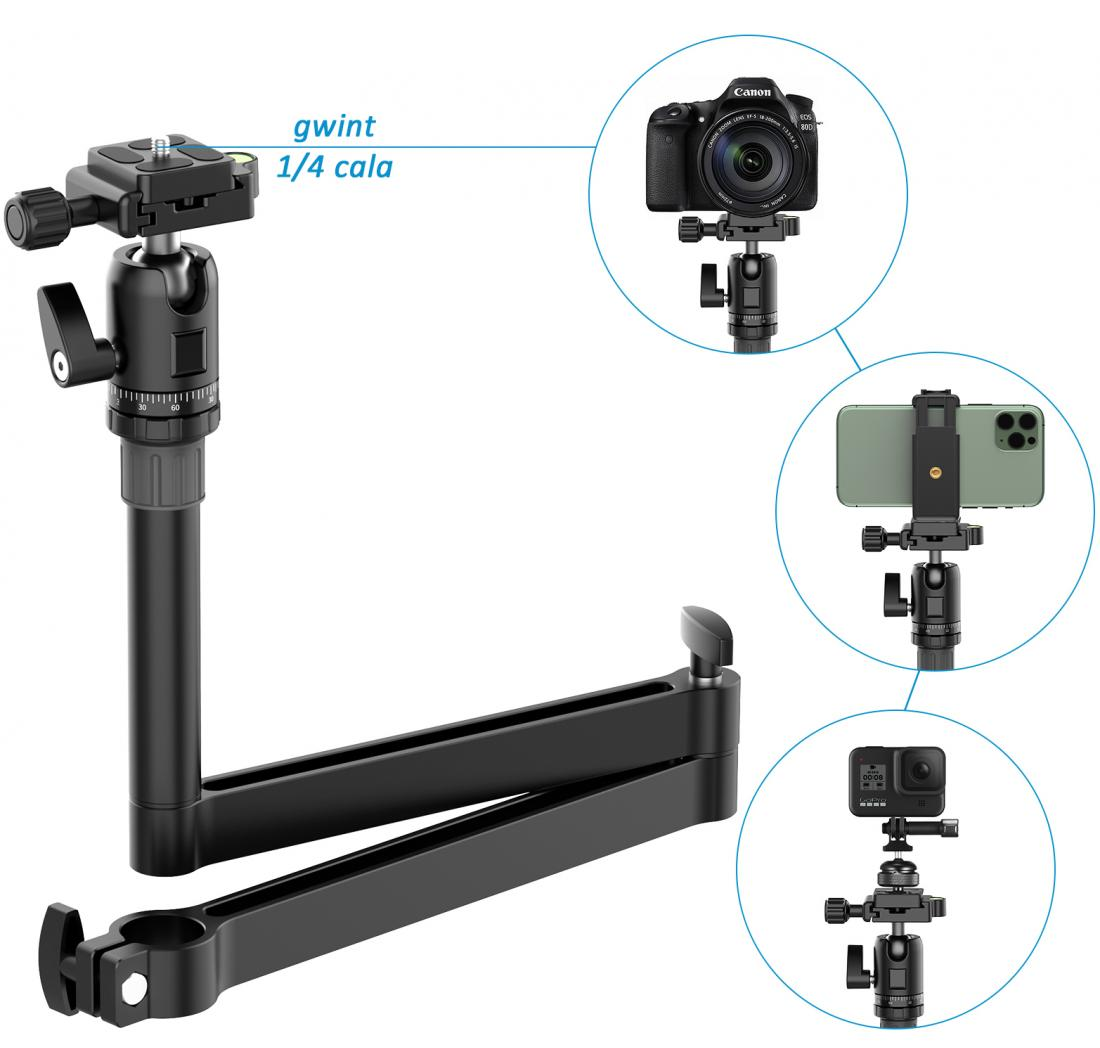Fekete kamerakar különböző kamerarögzítésekkel: DSLR, telefon és akciókamera. A kar állítható csuklókkal rendelkezik.