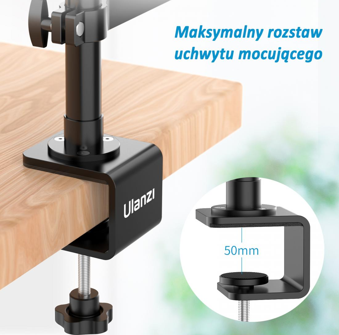 Fekete bilincs egy fa felületre rögzítve. A szöveg a rögzítőkonzol maximális tartományát jelzi, kiemelve az 50 mm-es mérést.