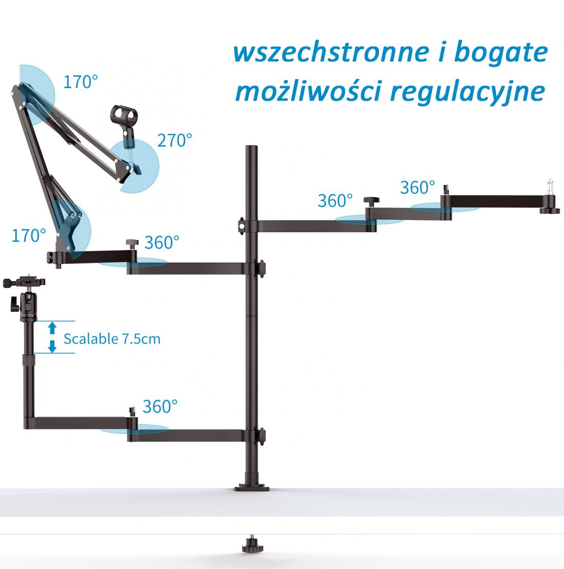 Fekete, állítható monitor kar fokjelzőkkel. Lengyel nyelvű szöveg. 7,5 cm-es skálázható címke.
