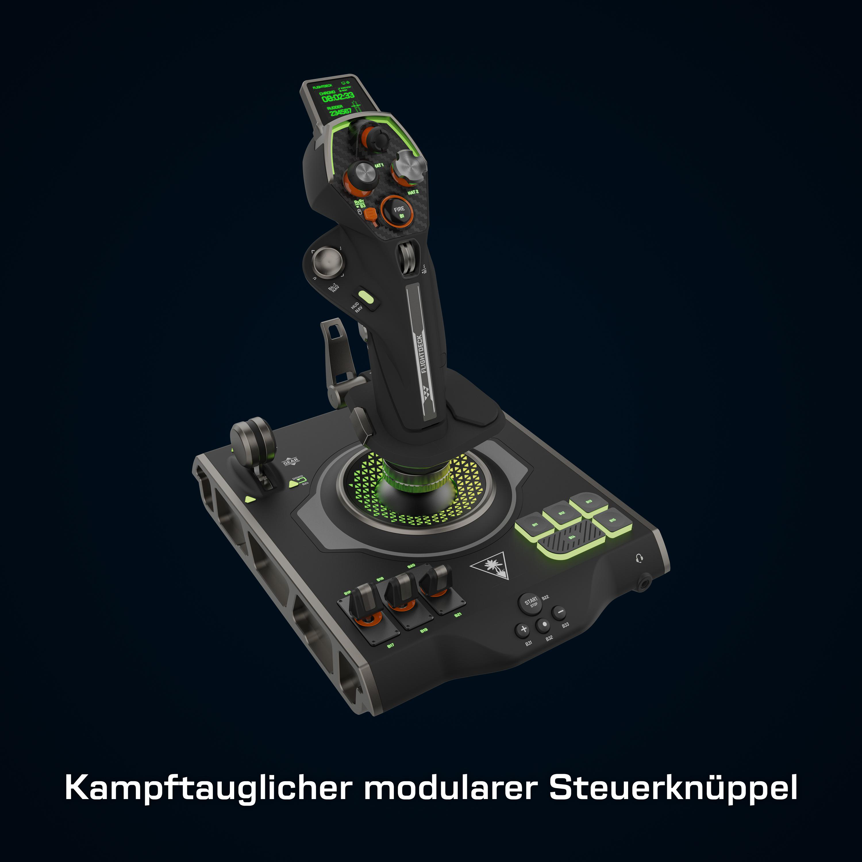 Schwarzer und grüner Flugsimulator-Joystick. Enthält Knöpfe und Bedienelemente. Auf dunklem Hintergrund.