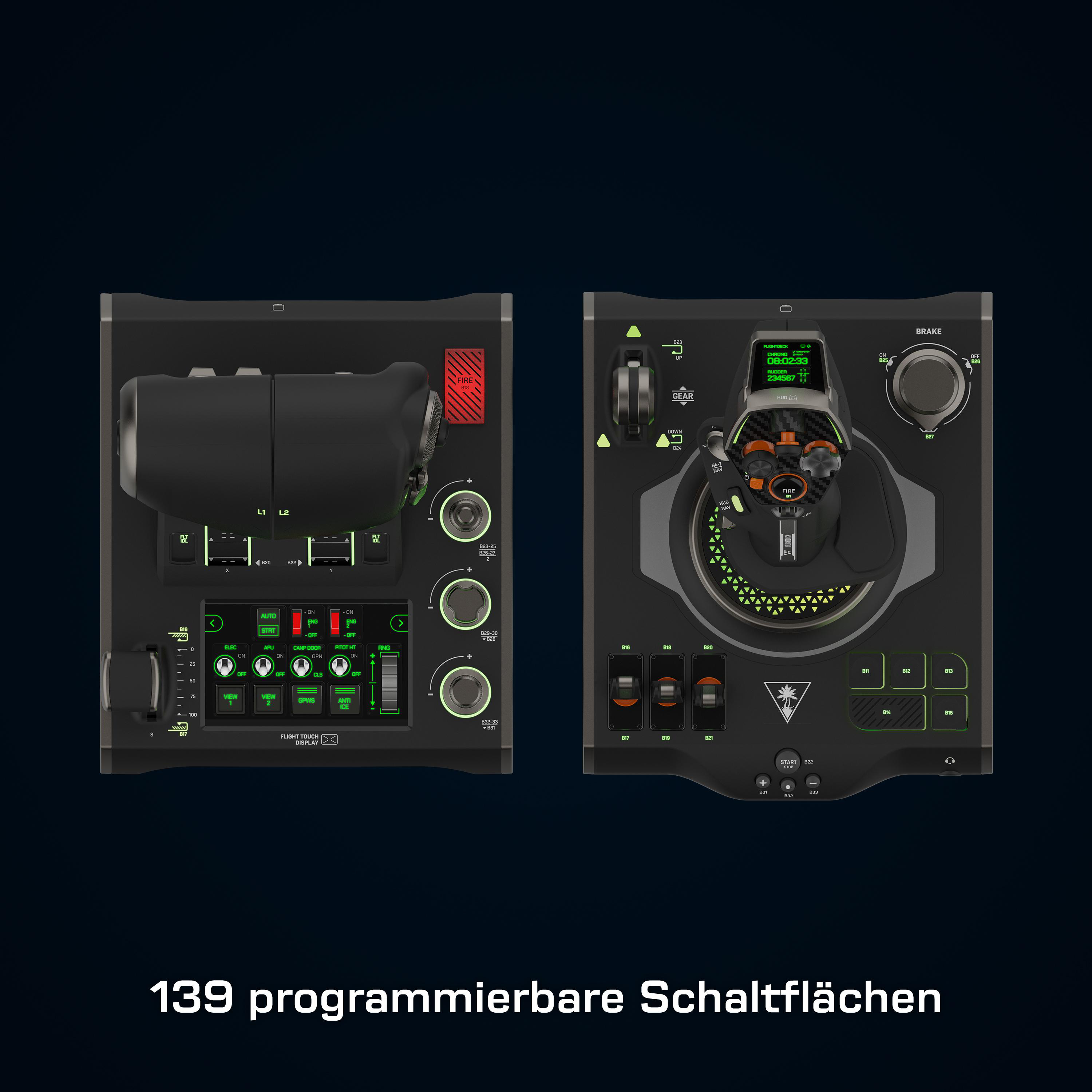 Zwei Gaming-Controller mit mehreren Tasten und Schaltern.