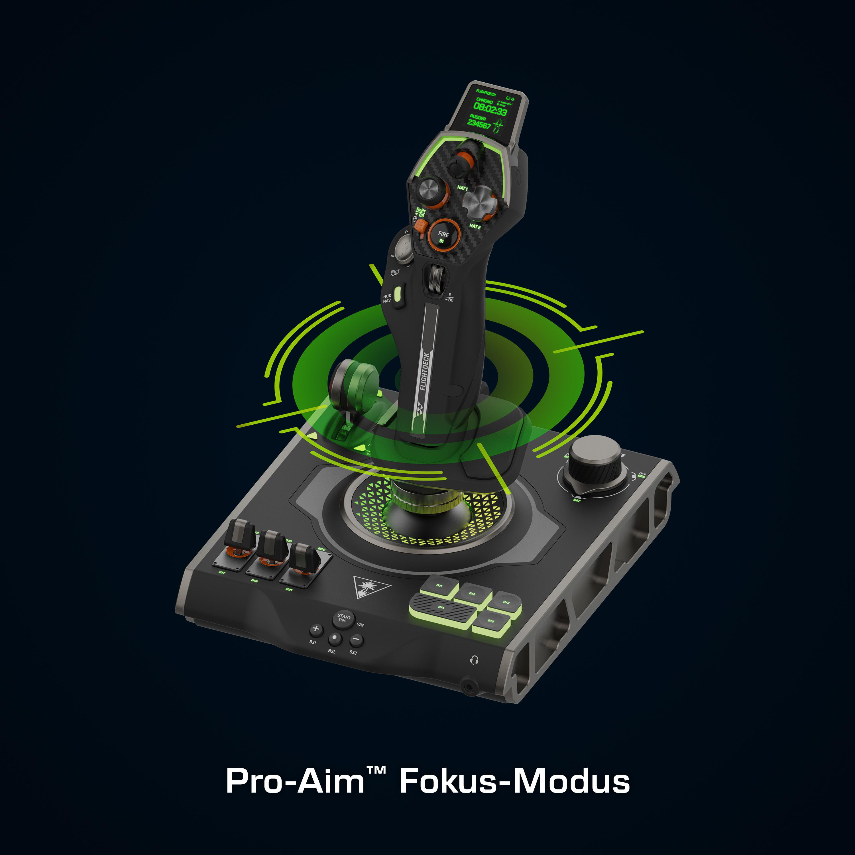 Gaming-Joystick mit grünen Akzenten auf einem Sockel. Text darunter lautet 'Pro-Aim'.