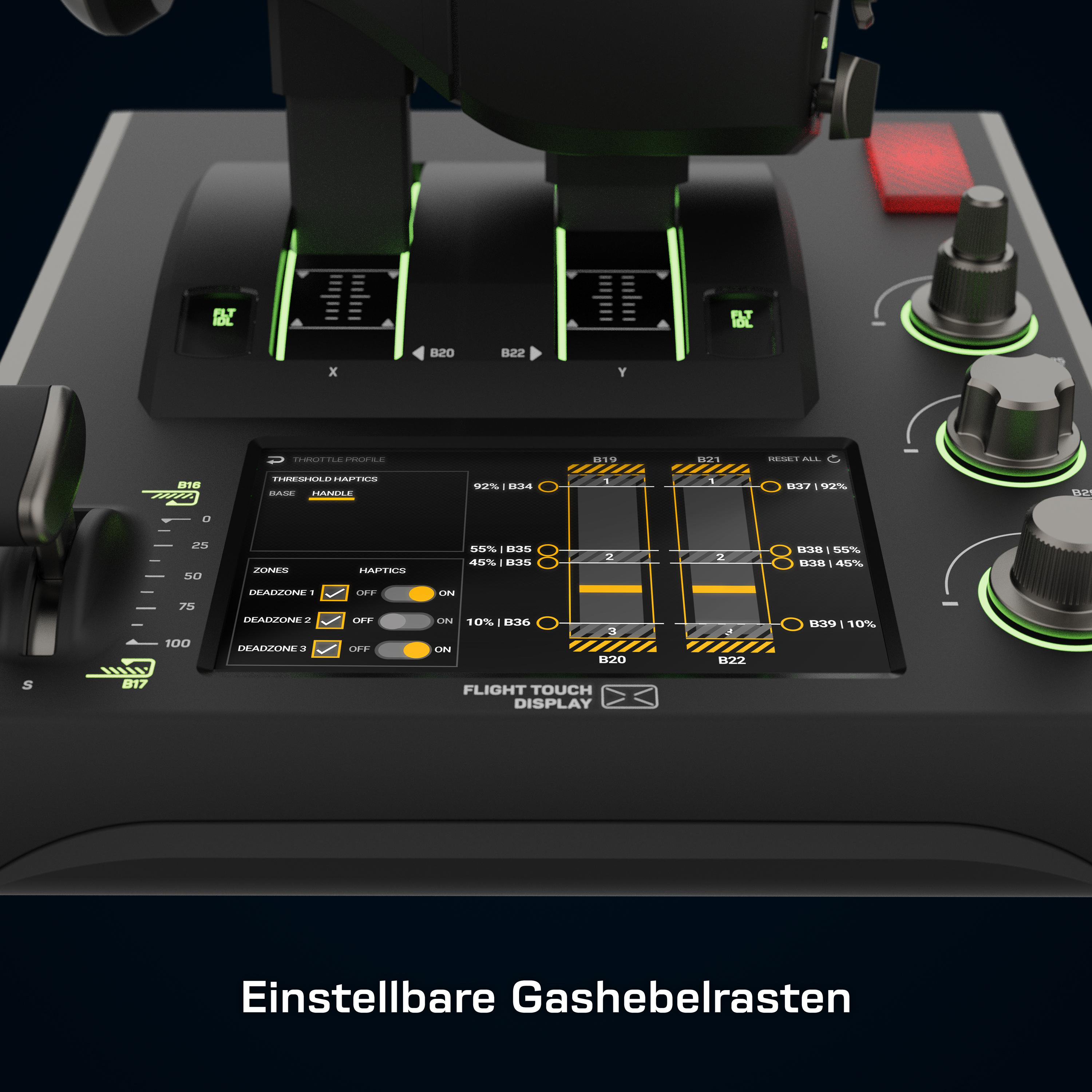 Ein Flug-Joystick-Bedienfeld mit verschiedenen angezeigten Tasten und Einstellungen.