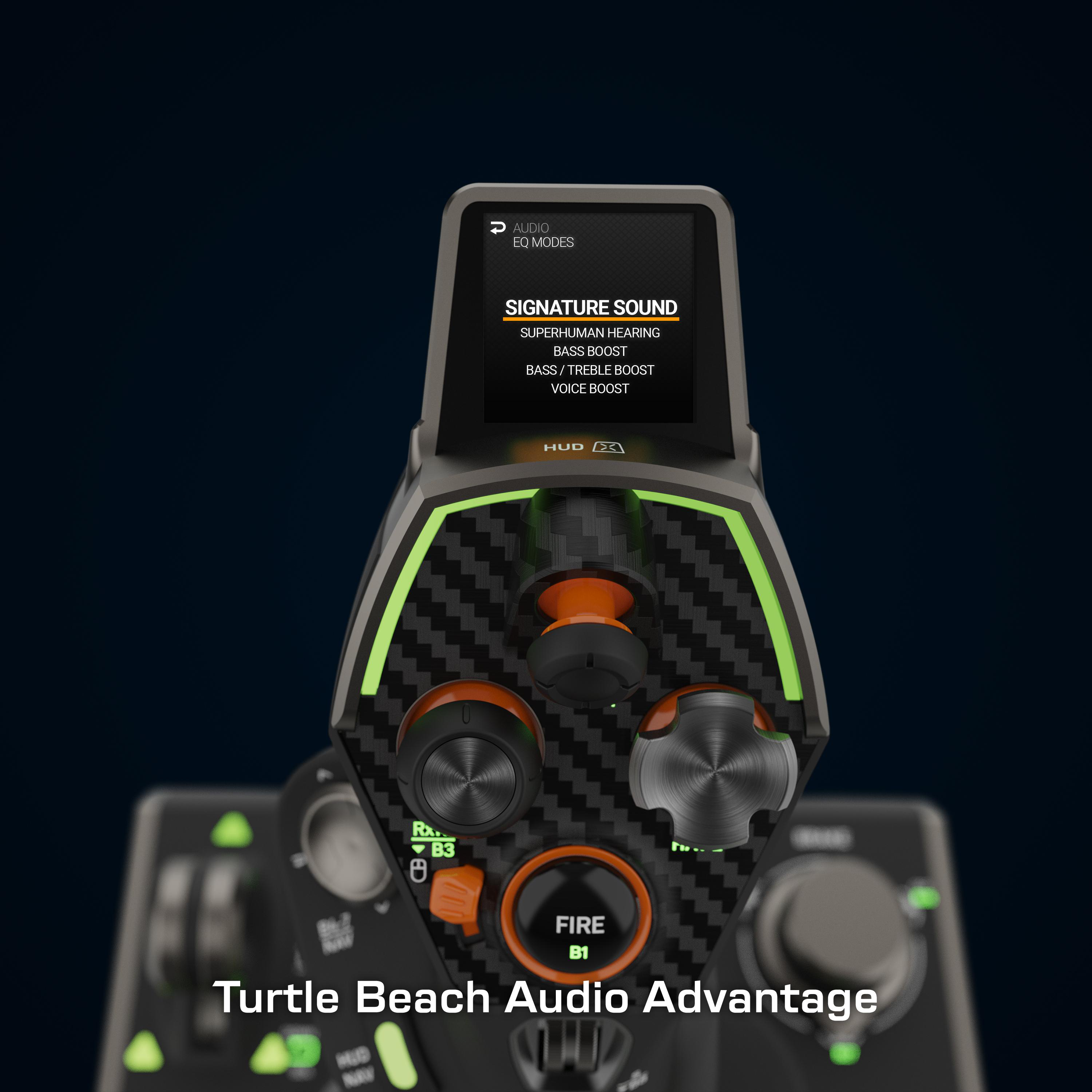 Gaming-Controller mit Bildschirm, schwarz mit orangefarbenen Akzenten. Text, Turtle Beach Audio.