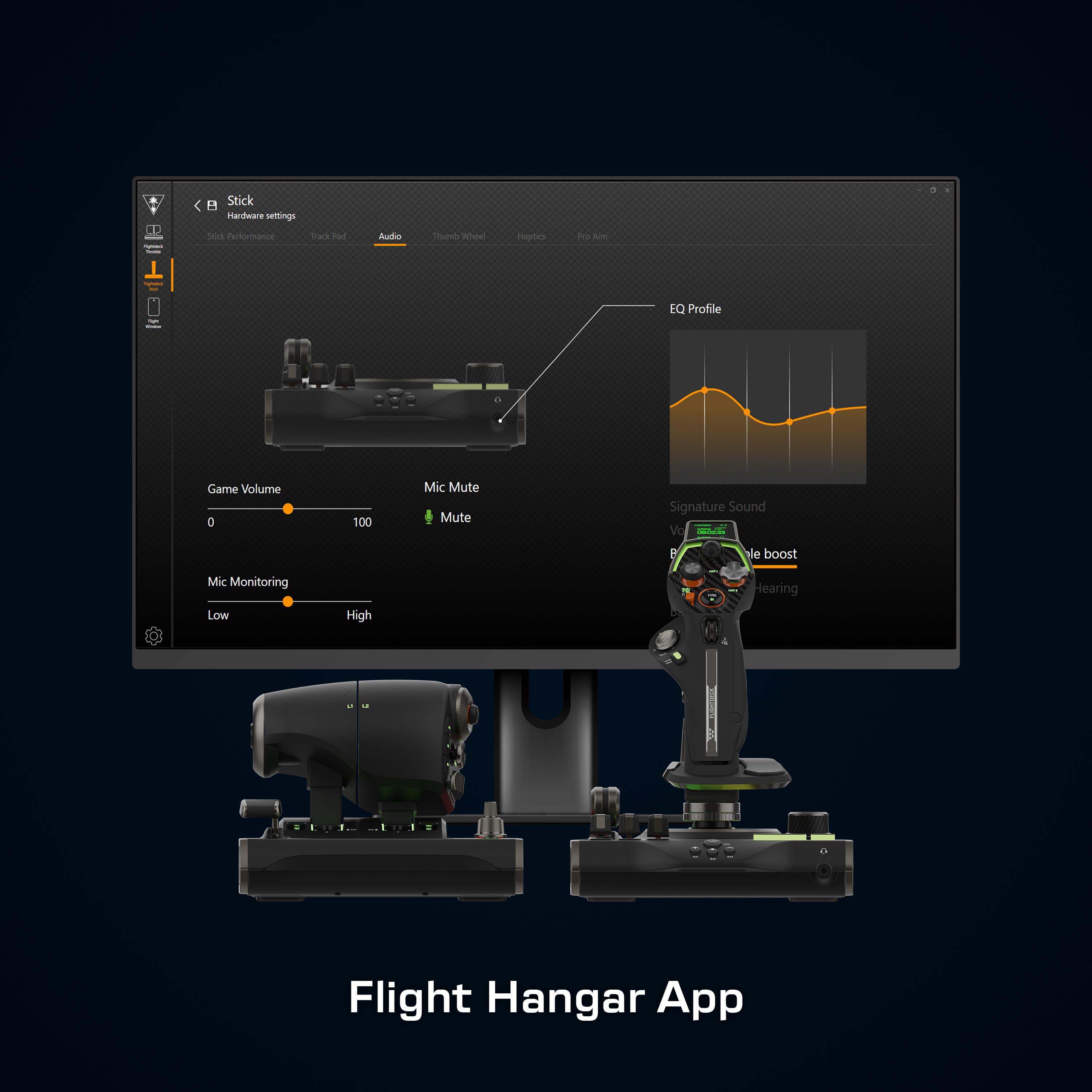 Ein Computermonitor zeigt eine Flugsimulator-App mit Audioeinstellungen und einem Joystick.