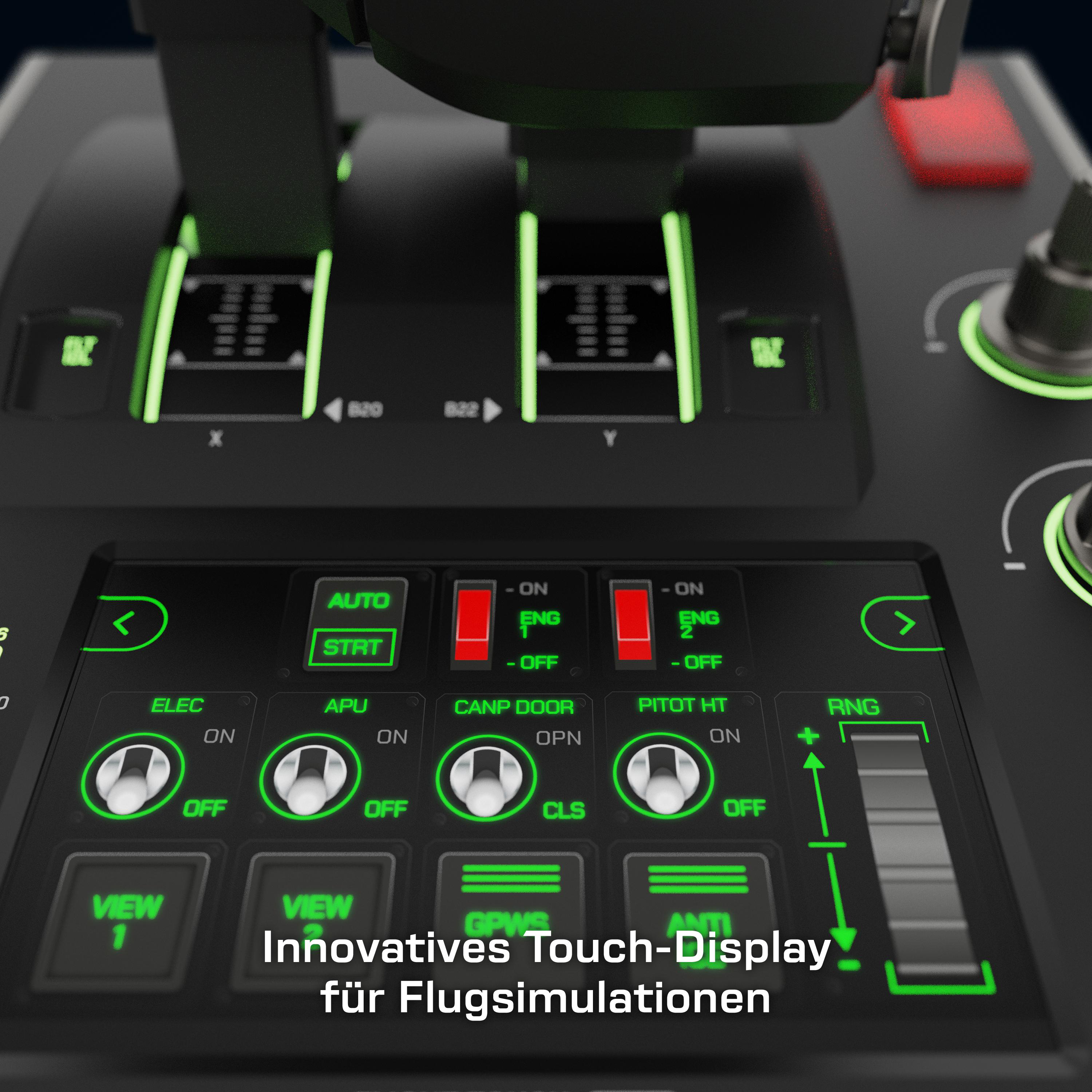 Flugsimulator-Bedienfeld mit Knöpfen, Anzeigen und grüner Beleuchtung.