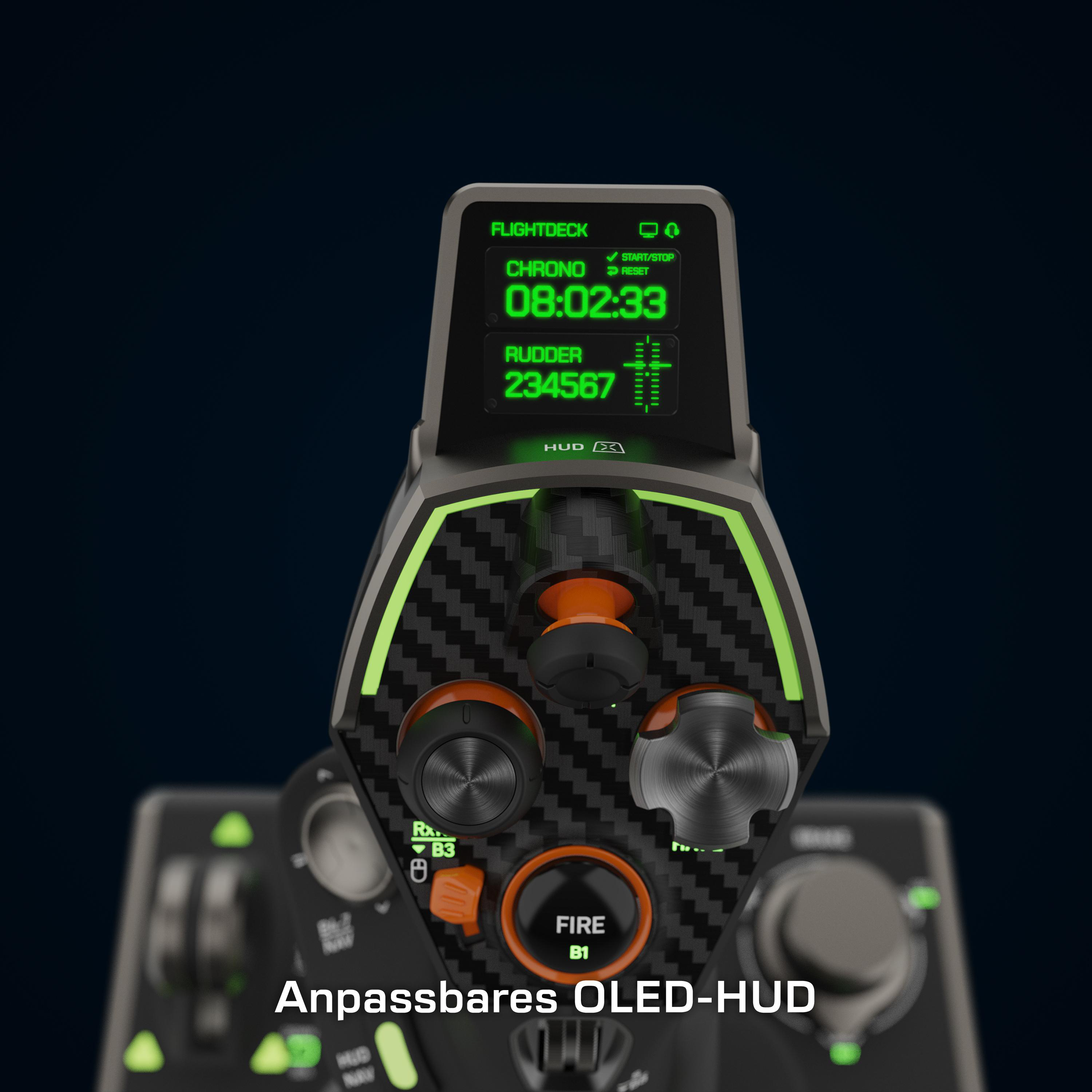 Nahaufnahme eines Flugsimulator-Bedienfelds mit Display. Enthält Knöpfe und Drehregler.