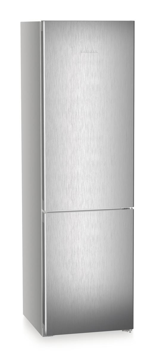 Kühlschrank aus Edelstahl. Vertikales Design, zwei Türen. Liebherr-Logo. Weißer Hintergrund, klare Linien.