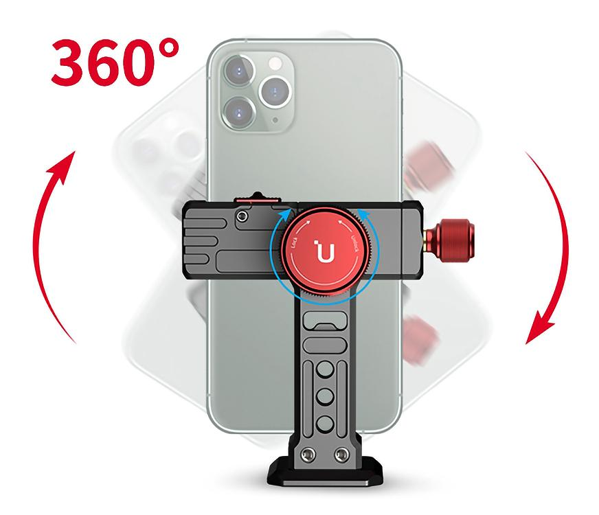 Telefontartó, melyre telefon van szerelve, 360 fokos forgatást mutat.