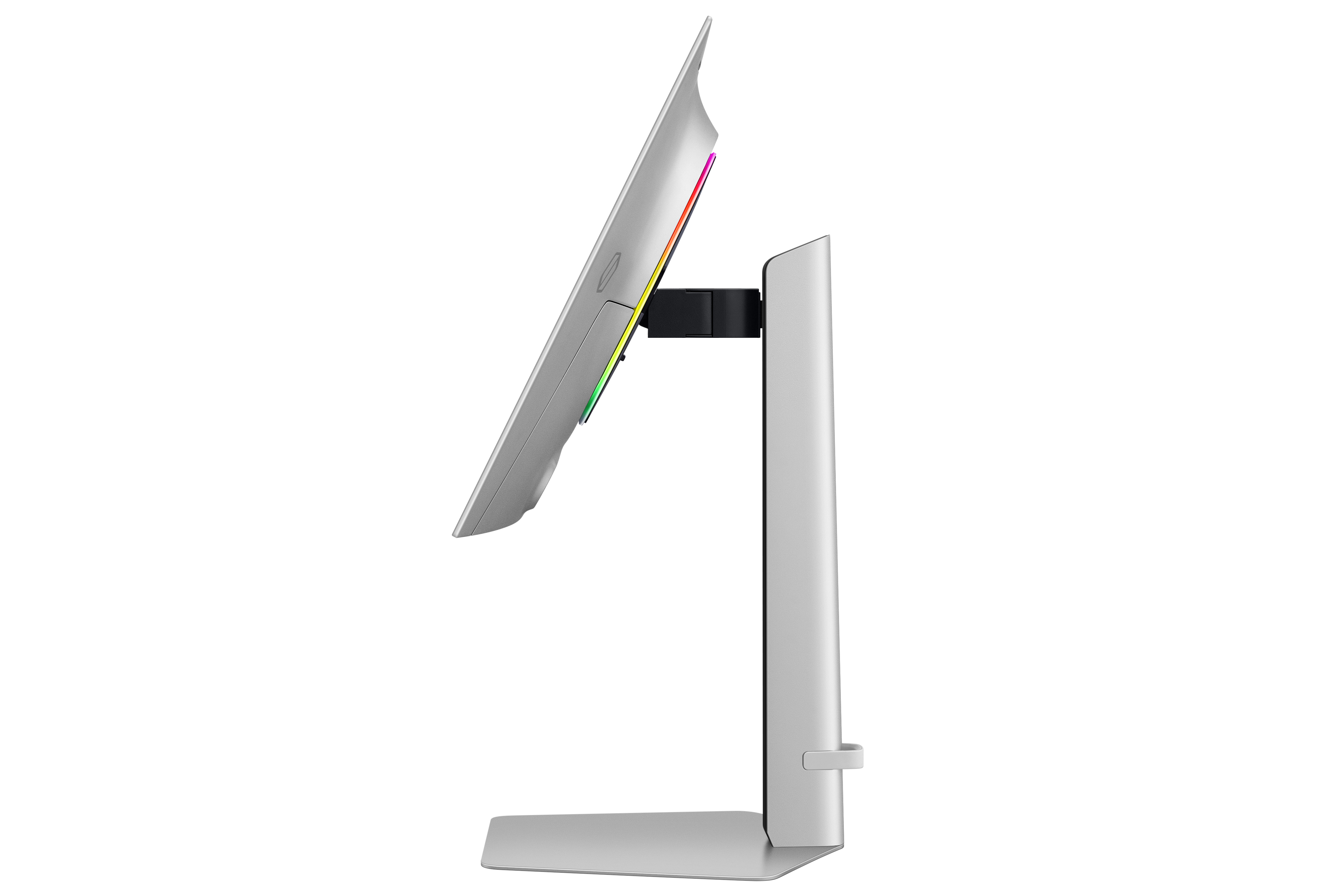 Vista lateral de un monitor de computadora blanco con soporte. El monitor tiene un diseño curvo.