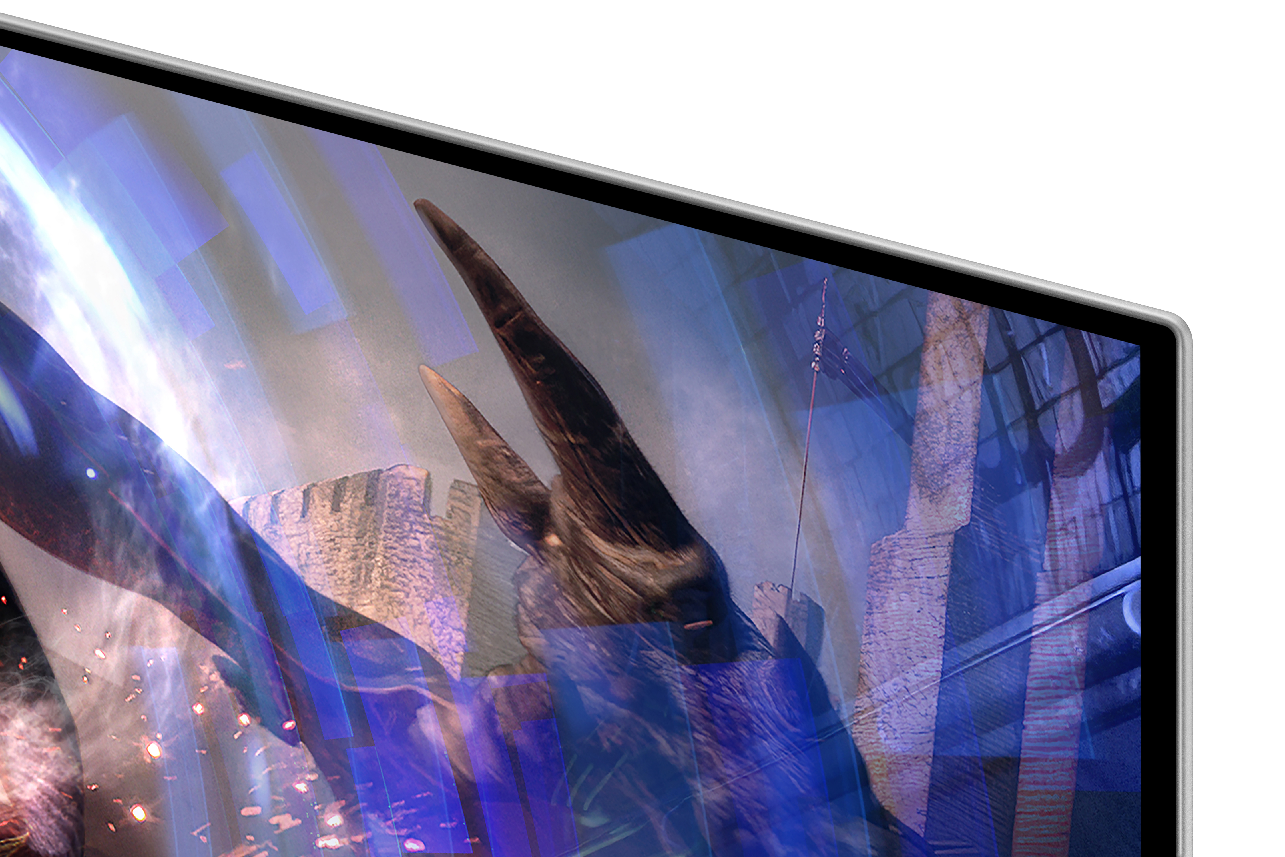 Una pantalla de monitor que muestra una escena de fantasía. Presenta un castillo y un dragón.