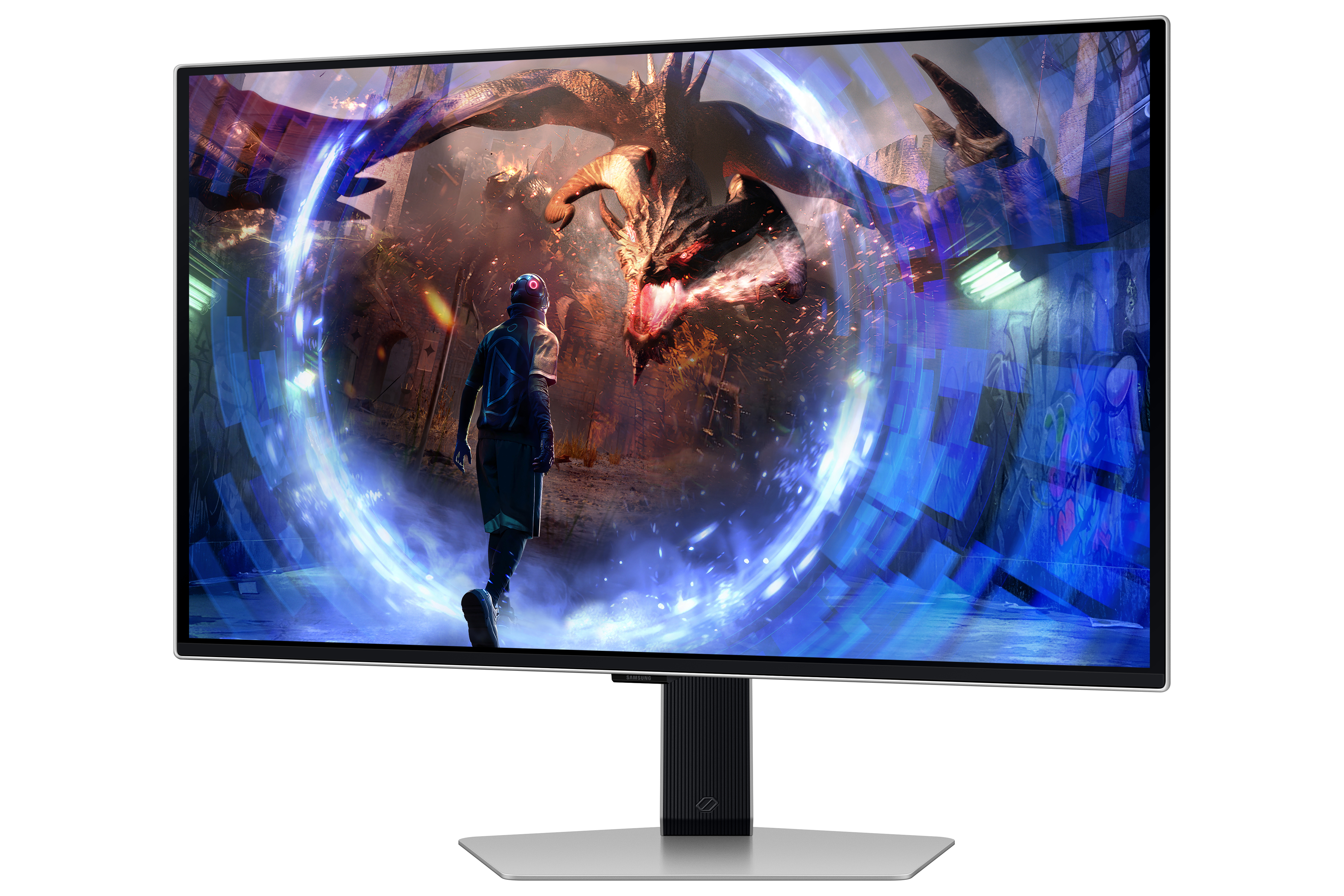 Un monitor grande con una escena de juego. Una persona está en el juego.