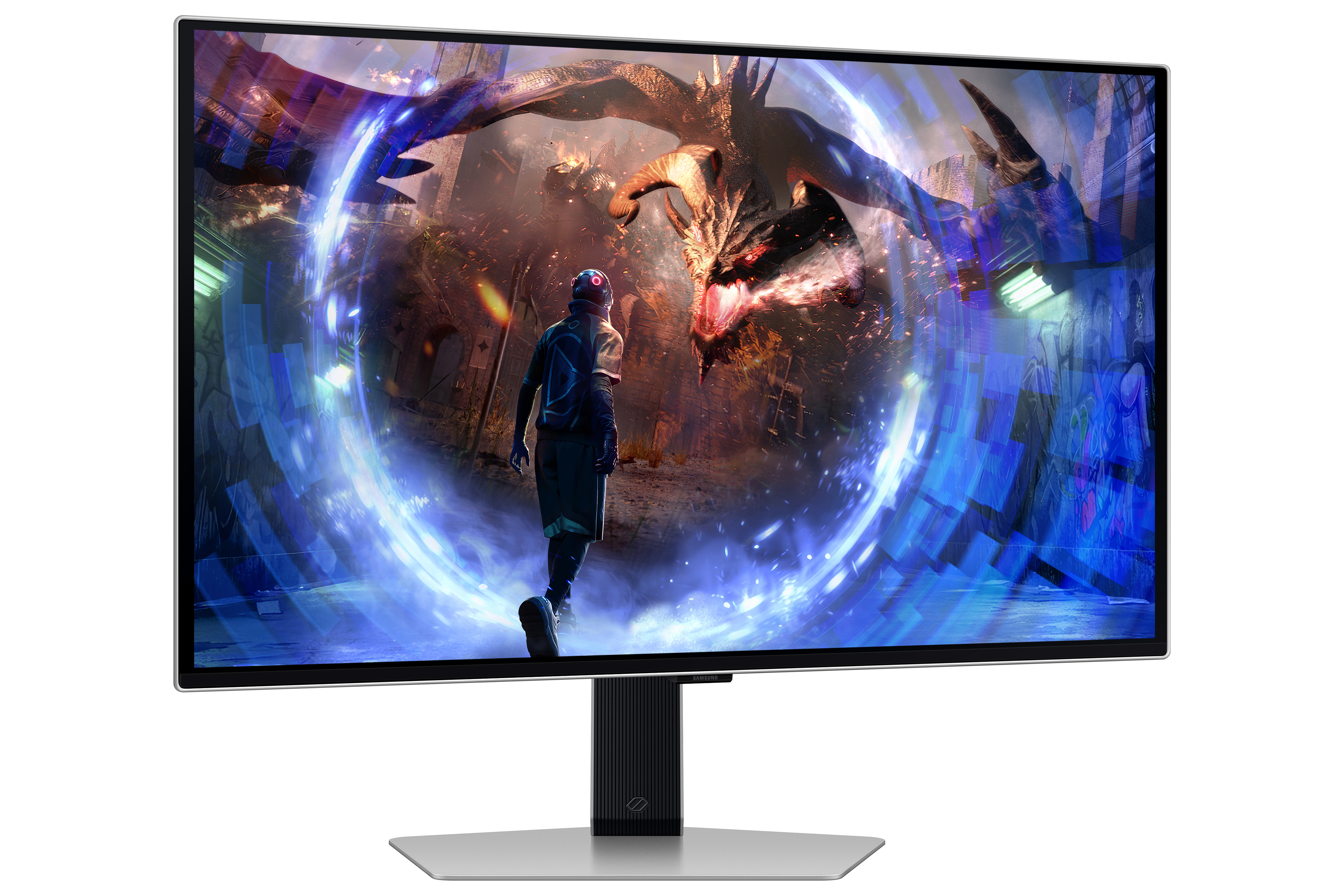 Monitor que muestra una escena de fantasía con una persona y un dragón, con un marco plateado.