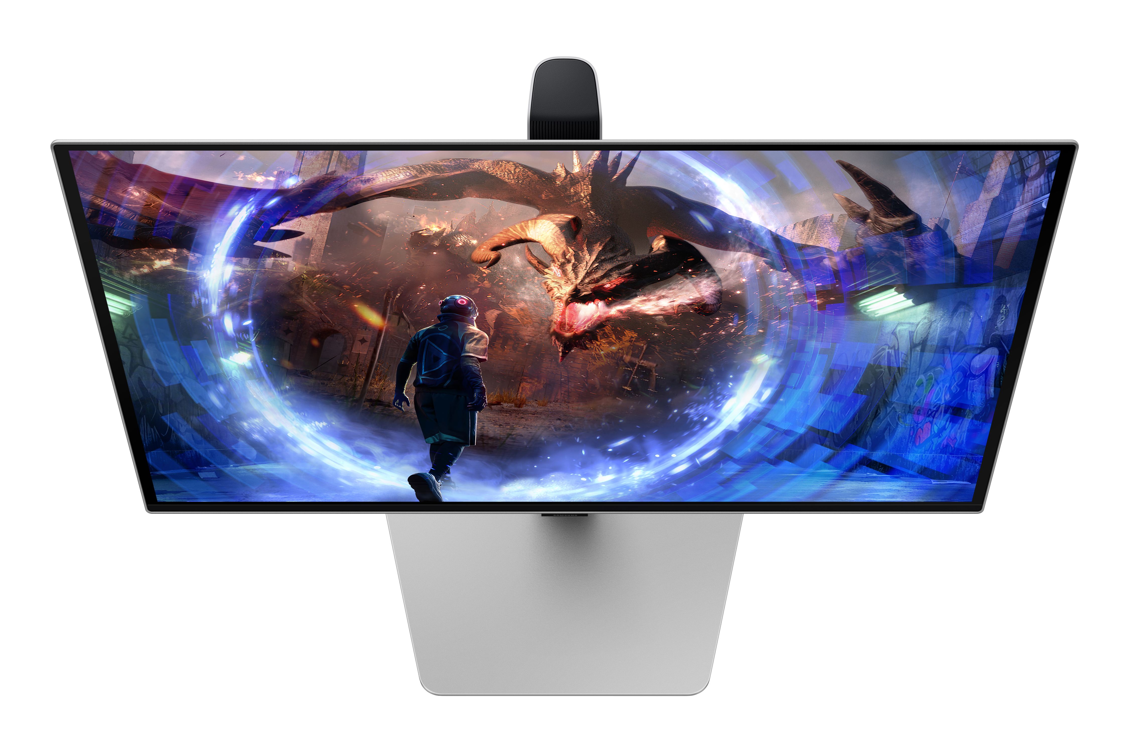 Monitor de juegos, vista desde arriba, mostrando una escena de juego con un monstruo y un personaje.