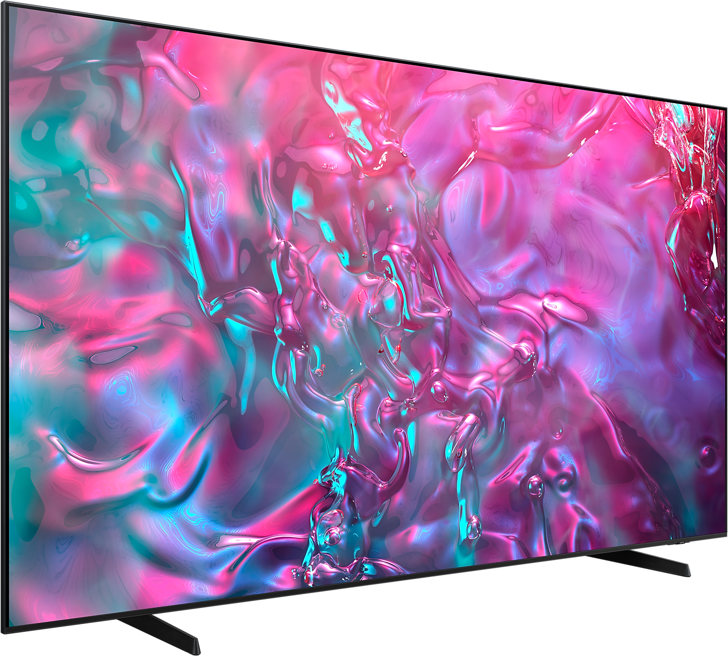 Egy Samsung TV képernyő, amely élénk rózsaszín, kék és lila árnyalatokat jelenít meg.