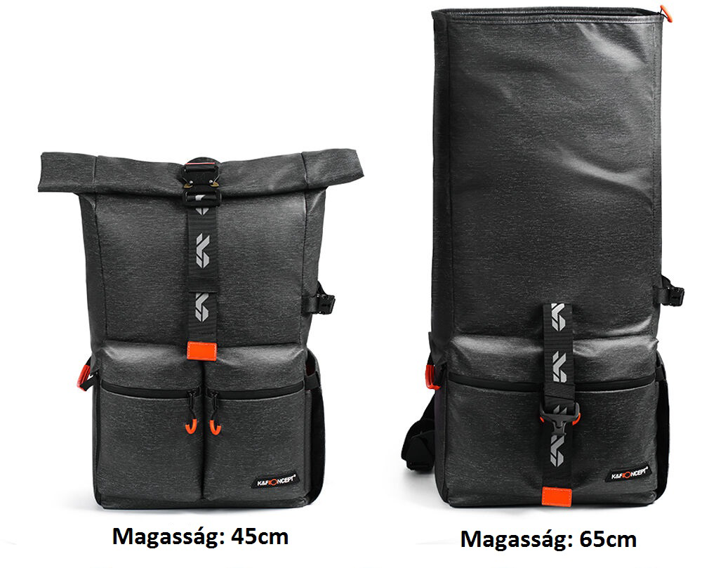 Két szürke hátizsák narancssárga részletekkel. Az egyik 45 cm magas, a másik 65 cm. Mindkettőnek van pántja és zsebe. A márkanév látható.
