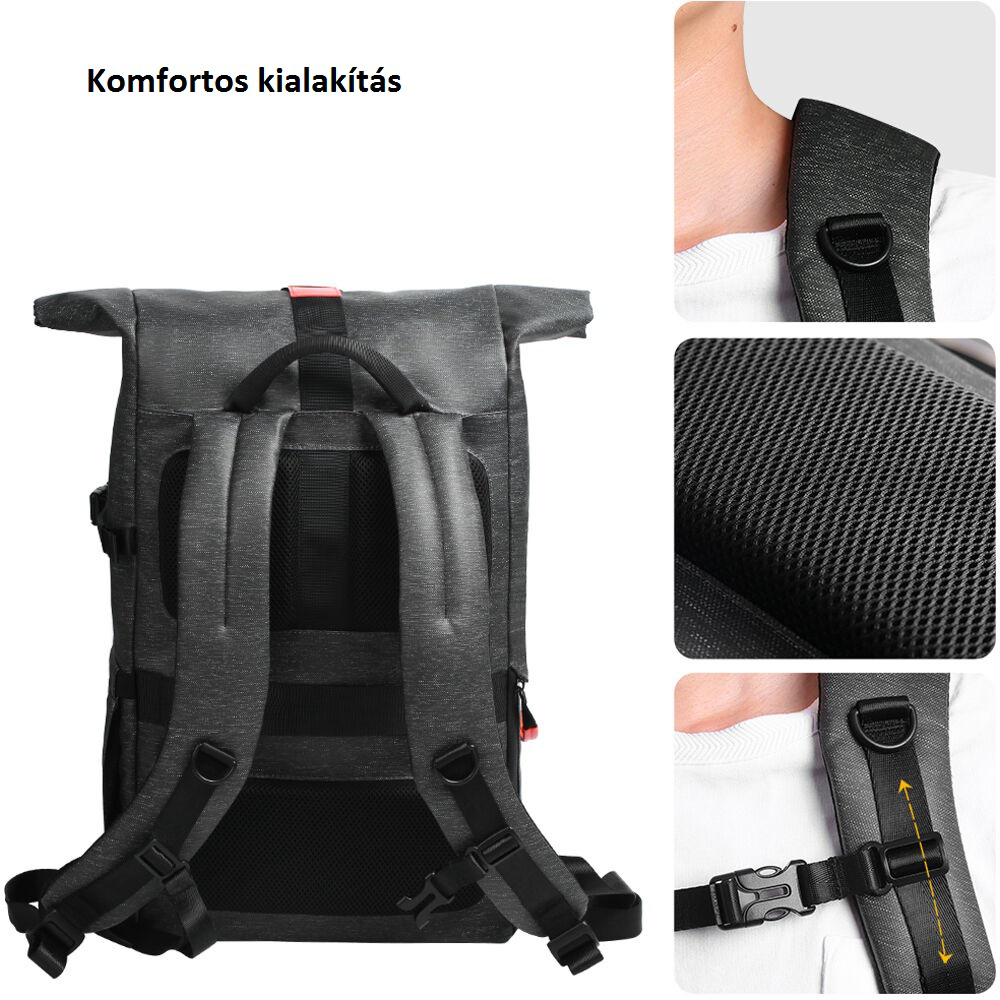 Egy szürke hátizsák fekete pántokkal és részletekkel látható. Közelképek a pántok részleteit és a hátpárnázást mutatják.