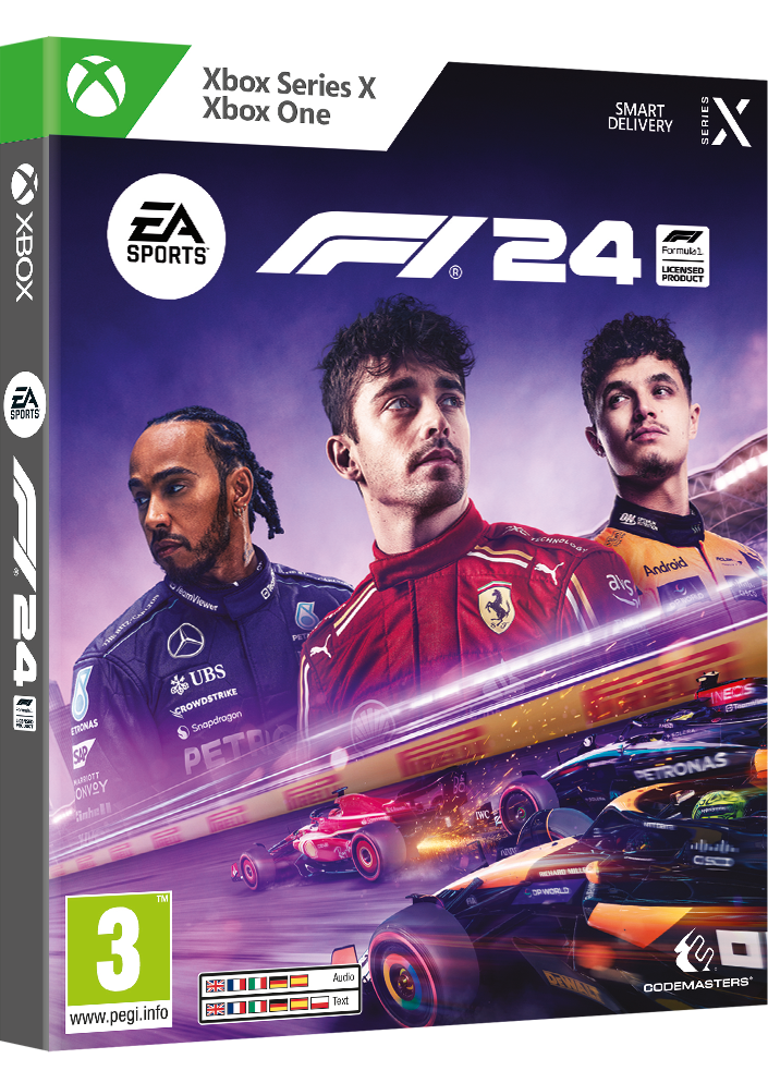 F1 24 játék borítója három versenyzővel és versenyautókkal.