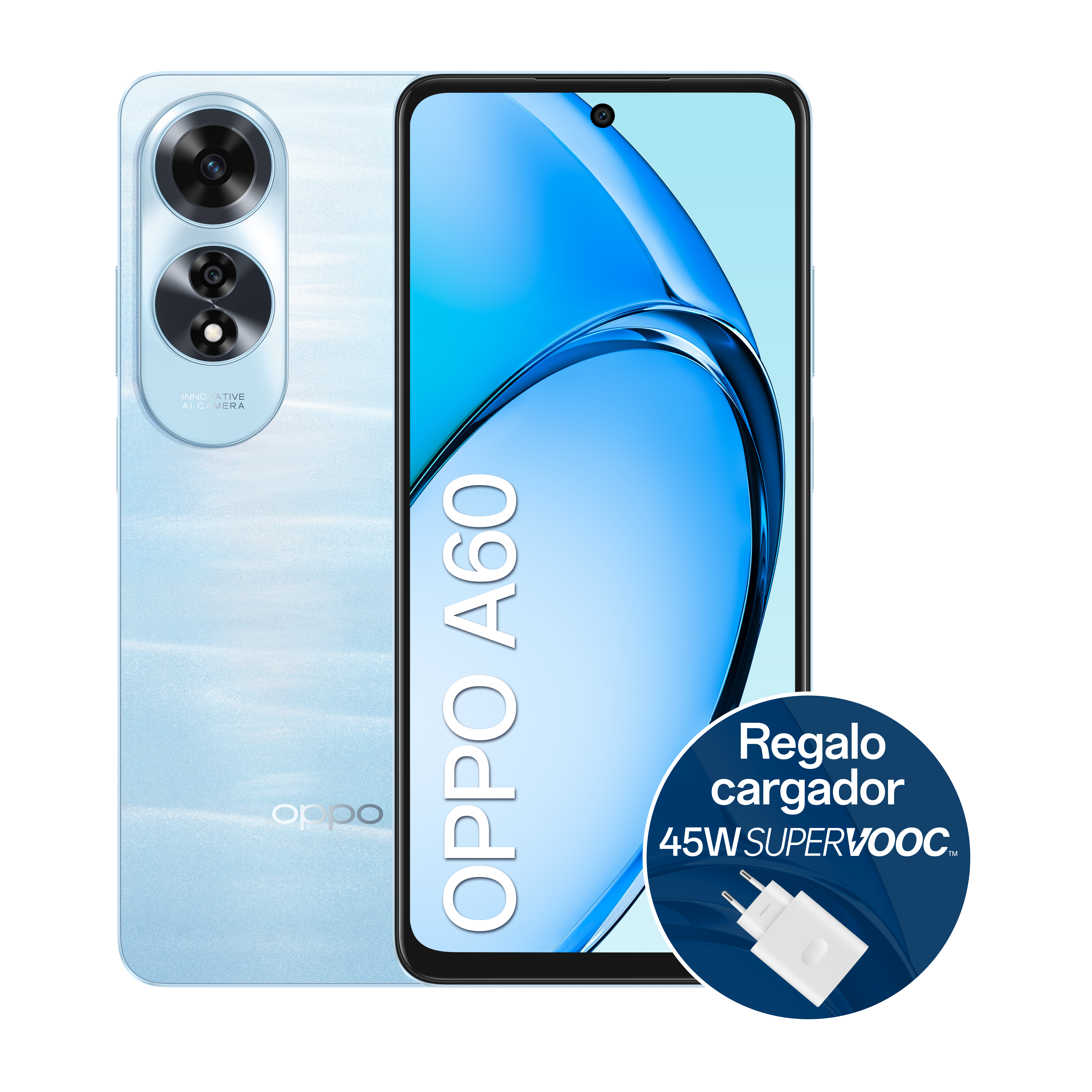 Smartphone Oppo A60 azul claro. Cuenta con cámaras duales y un regalo de carga.