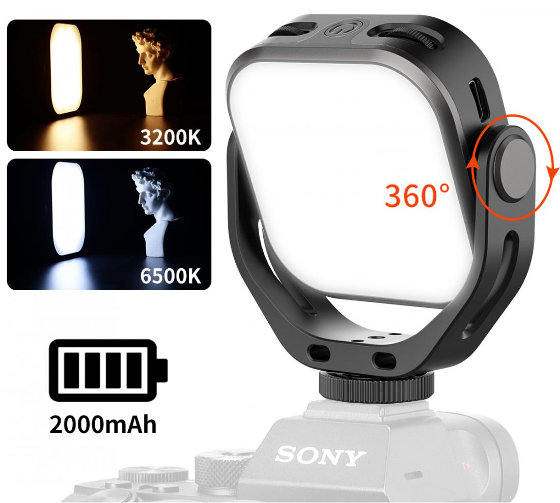 Videófény állítható színhőmérséklettel és 360°-os forgatással, kamerán.