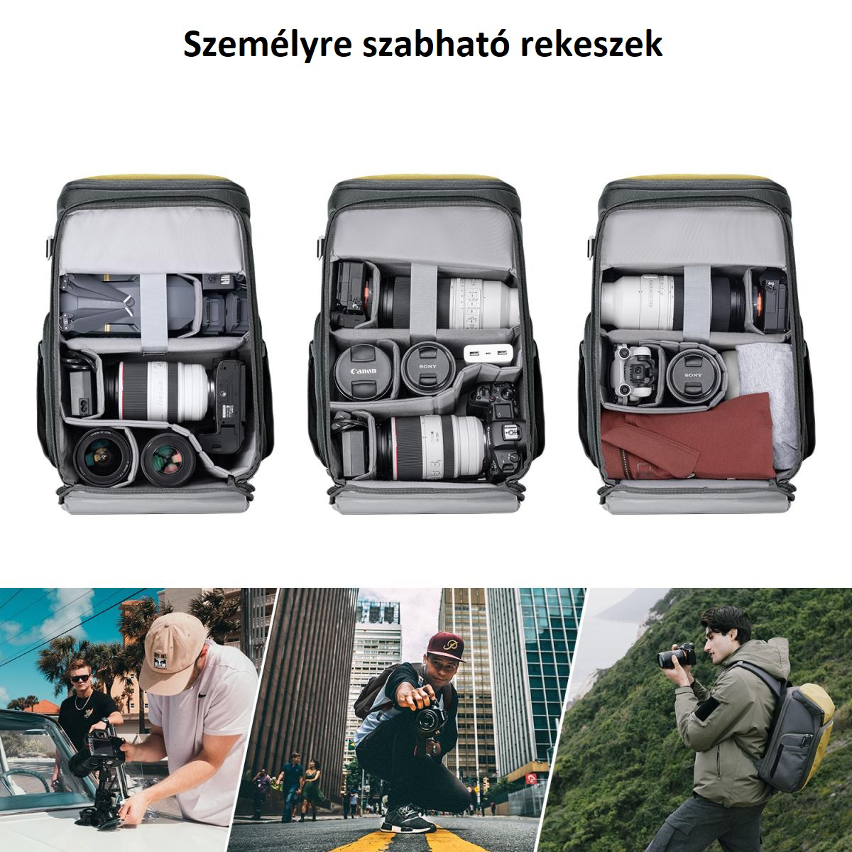 Három fényképezőtáska különböző felszereléssel, fotósok használata közben.
