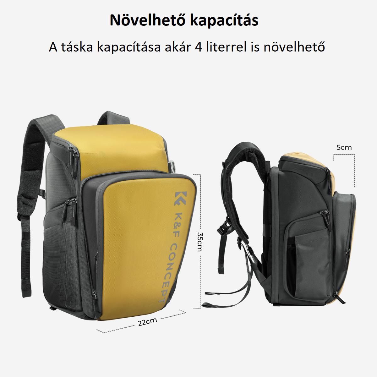 Egy sárga-szürke hátizsákot mutatnak be két nézetben, méretekkel és szöveggel.