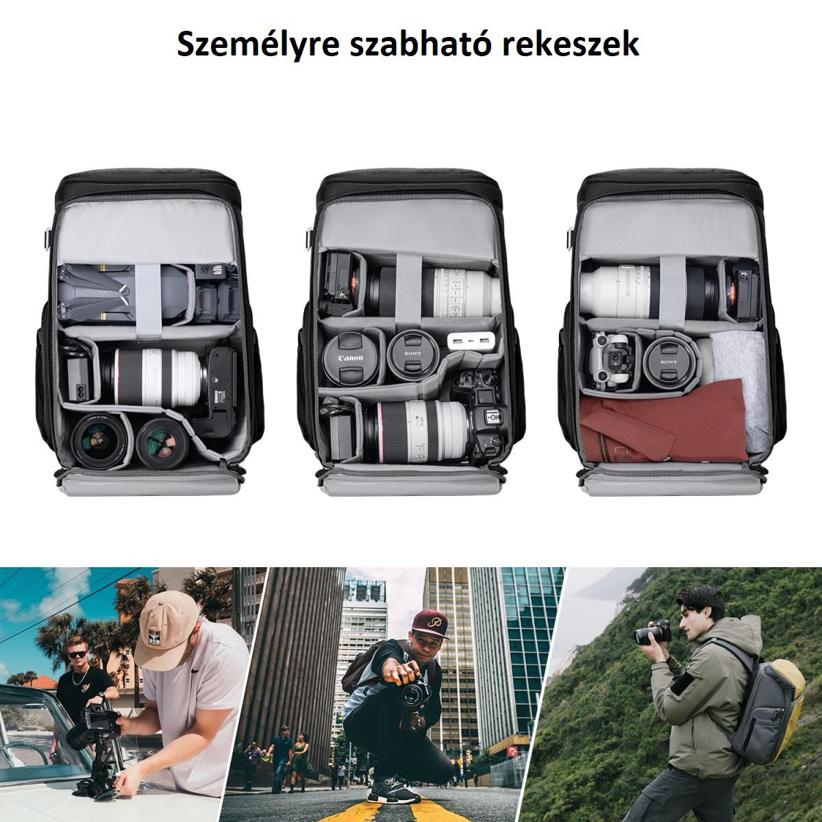 Három nyitott táska, bennük felszereléssel és három ember fényképez gépekkel.