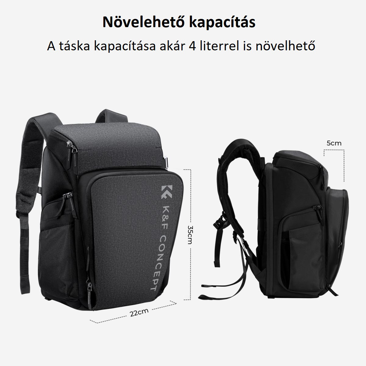 Fekete hátizsák fehér szöveggel, fehér háttéren. Oldalról mutatva.