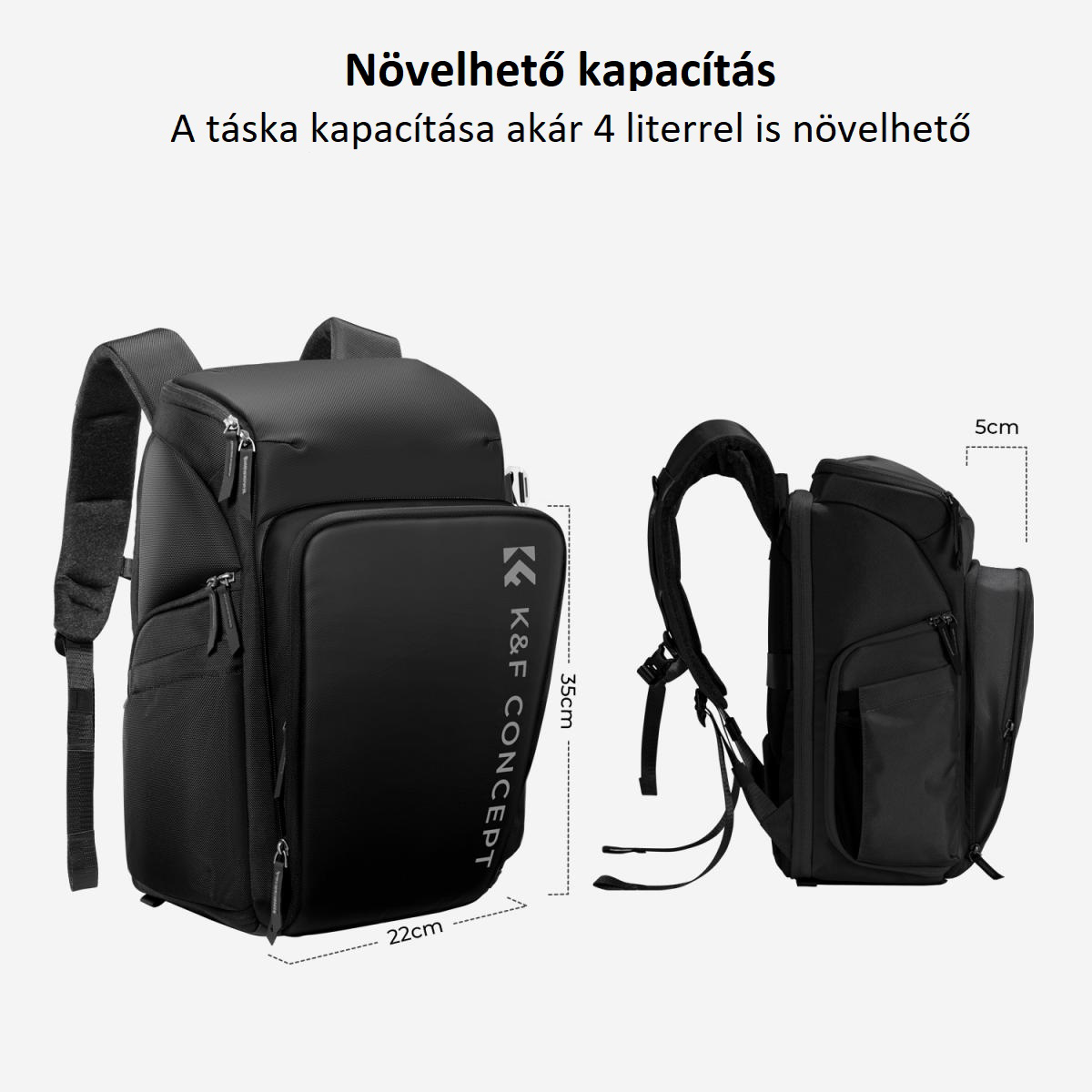 Fekete hátizsák méretekkel, K&F Concept logóval, oldalsó nézetben.