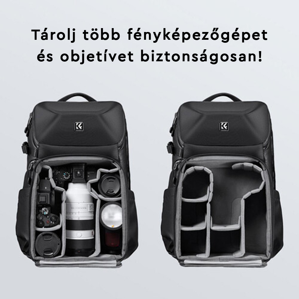 Két nyitott fekete táska. Az egyikben kamerák és lencsék vannak, a másik üres.