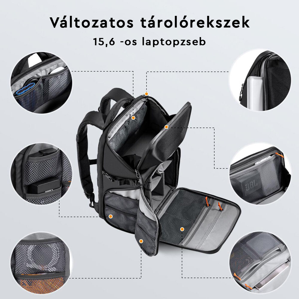 Egy fekete hátizsák, nyitott zsebekkel és rekeszekkel.