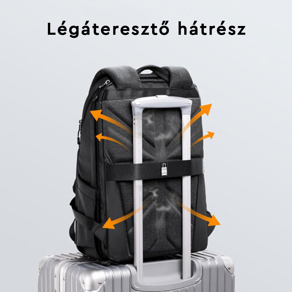 Fekete hátizsák poggyantyúval és nyilakkal, amelyek a légáramlást mutatják.