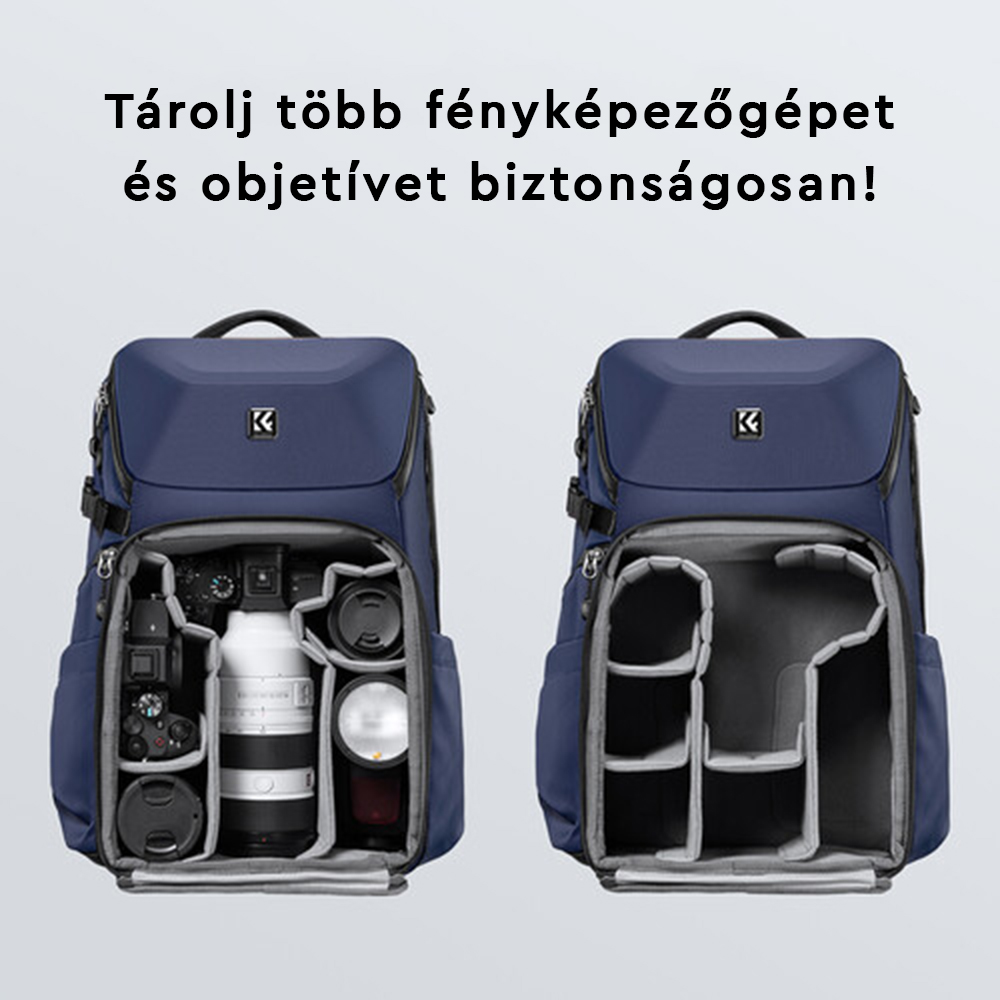 Két kék kamerahátizsák, az egyik tele felszereléssel, a másik üres. A szöveg felül: Tároljon több kamerát és objektívet biztonságosan!