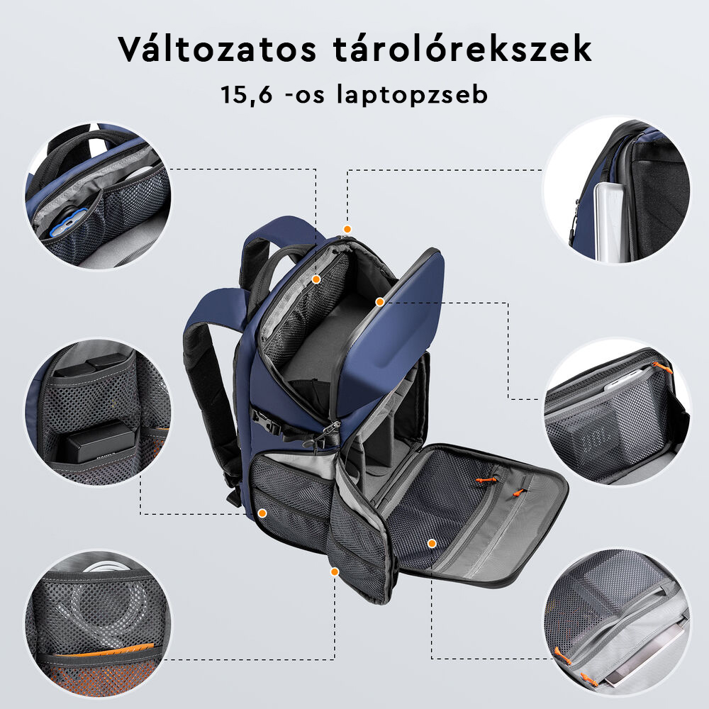 Kék hátizsák több rekesszel. Magyar nyelvű szöveg. Laptop zsebet és különféle tárolási lehetőségeket mutat.