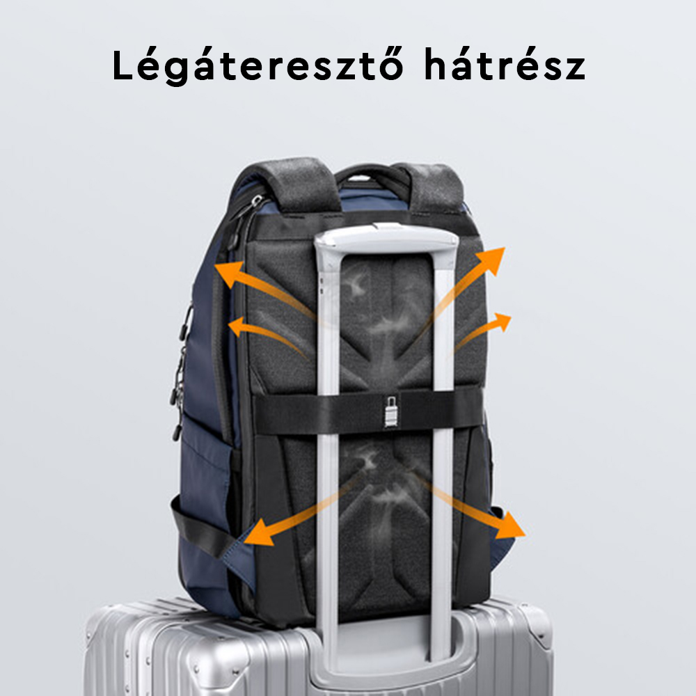 Egy kék-fekete hátizsák fehér fogantyúval egy ezüst bőröndön, nyilakkal a légáramlás jelzésére.