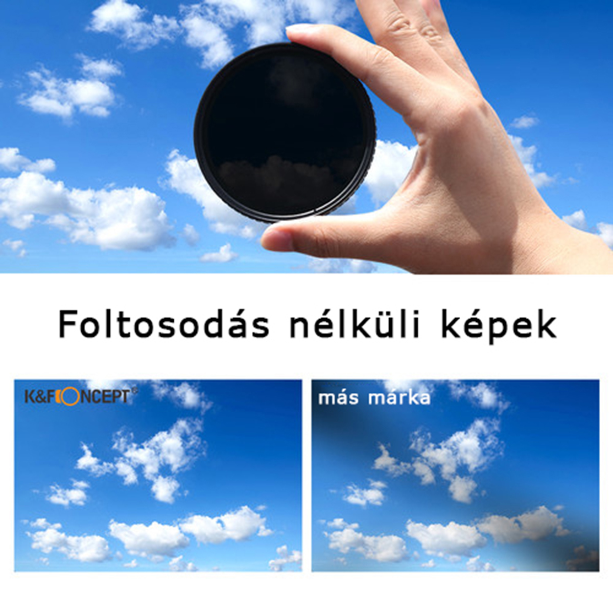 Kéz, amely egy fekete szűrőt tart felhős égbolt előtt.
