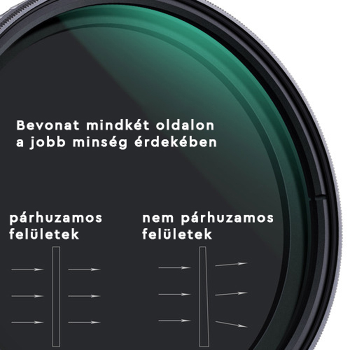 Egy kör alakú kameraszűrő, rajta magyar nyelvű szöveggel, amely a bevonatát írja le.