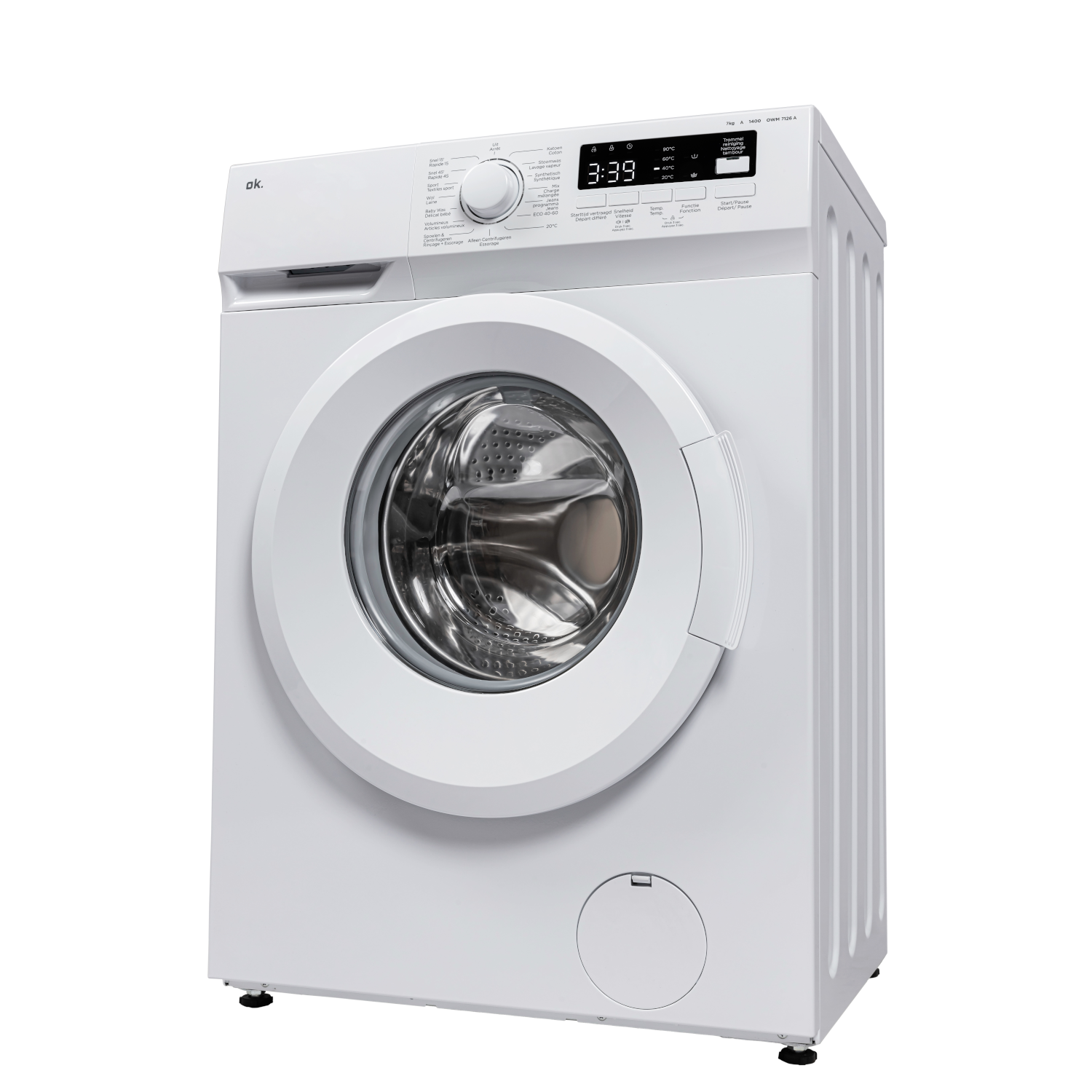 White washing machine with a digital display showing the time. OK brand name is visible.