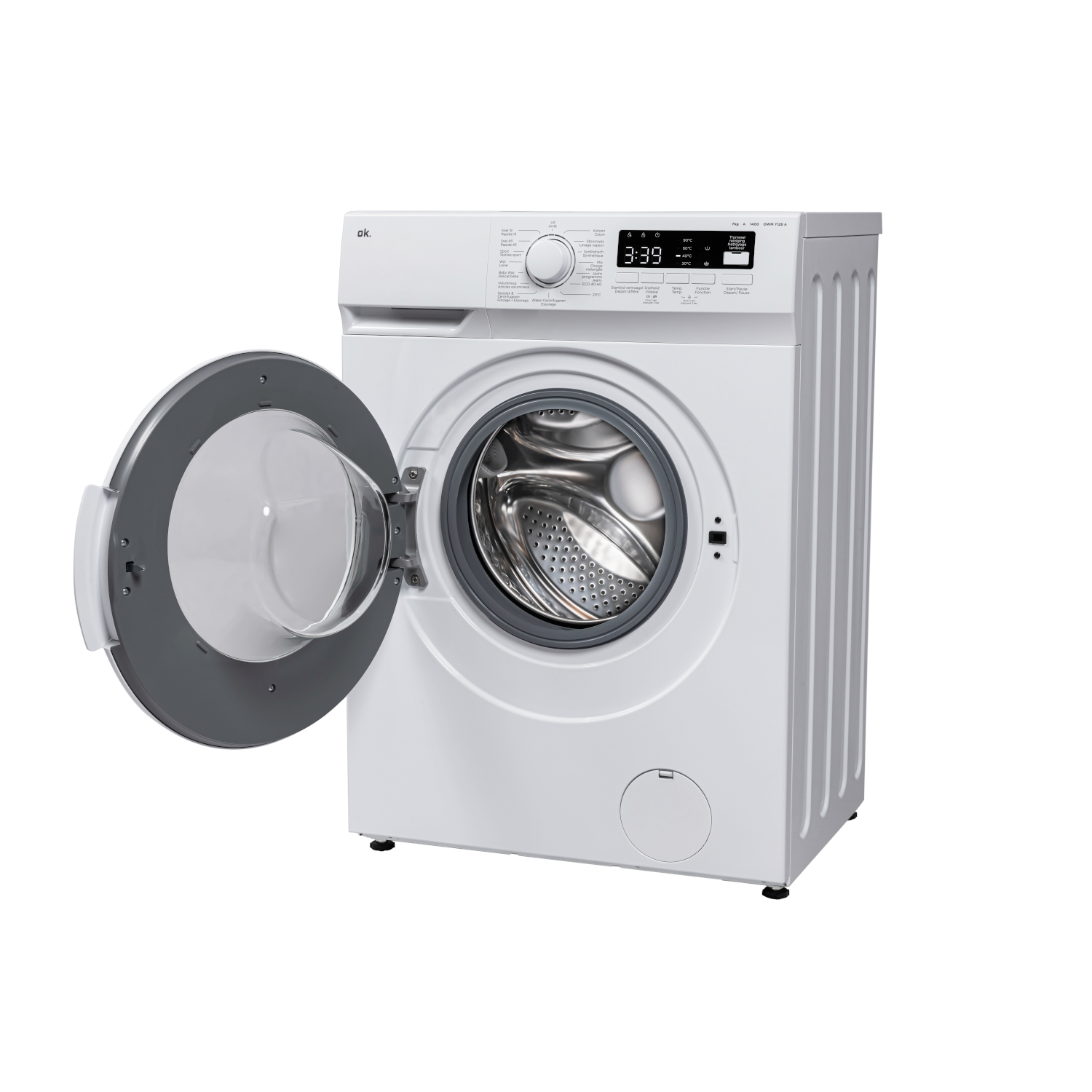 White washing machine with open door, display showing time.