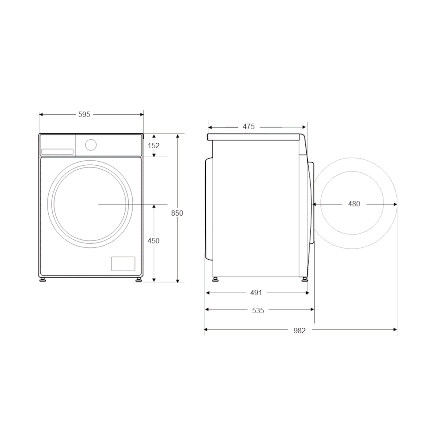 Diagram showing the dimensions of a washing machine, with measurements in millimeters.