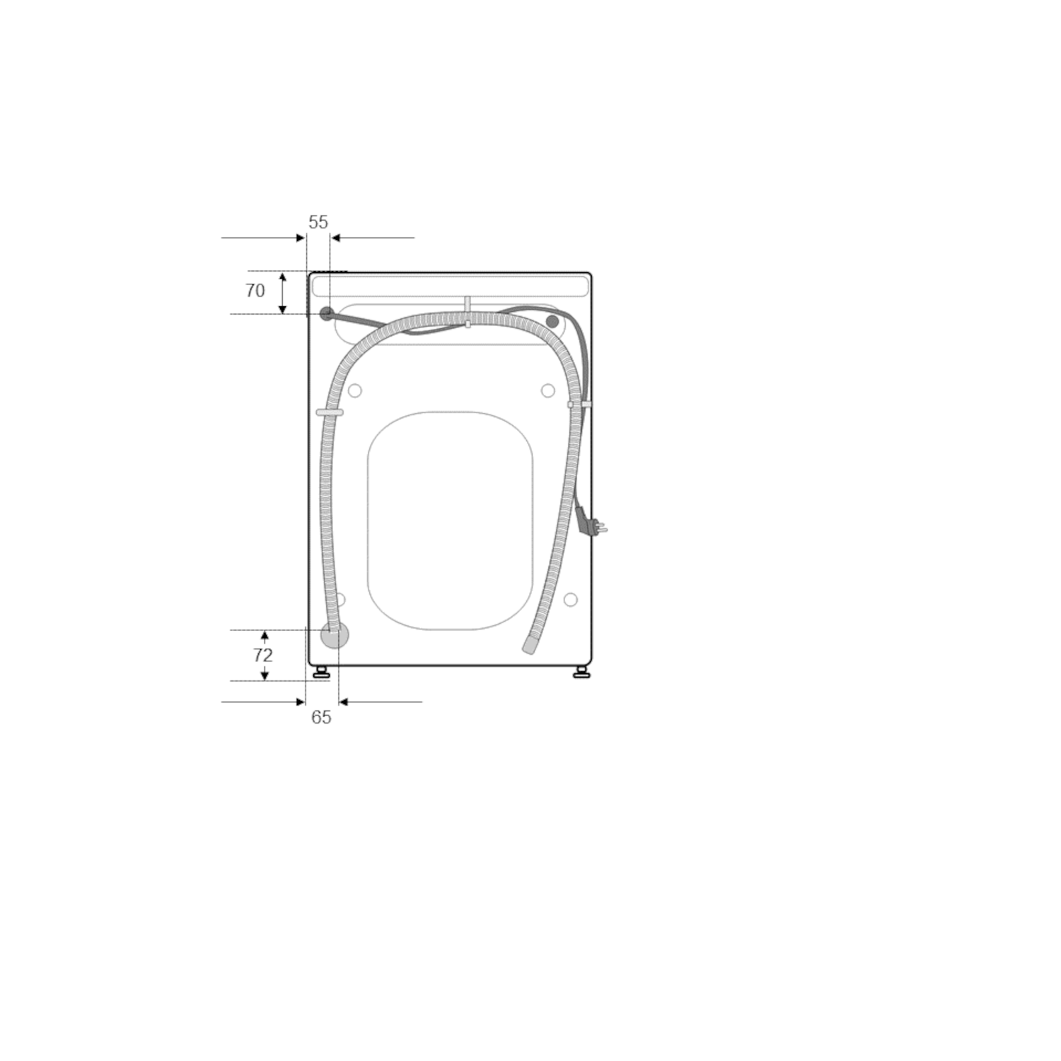 Diagram of a washing machine, showing dimensions and hose/cable placement. White background.