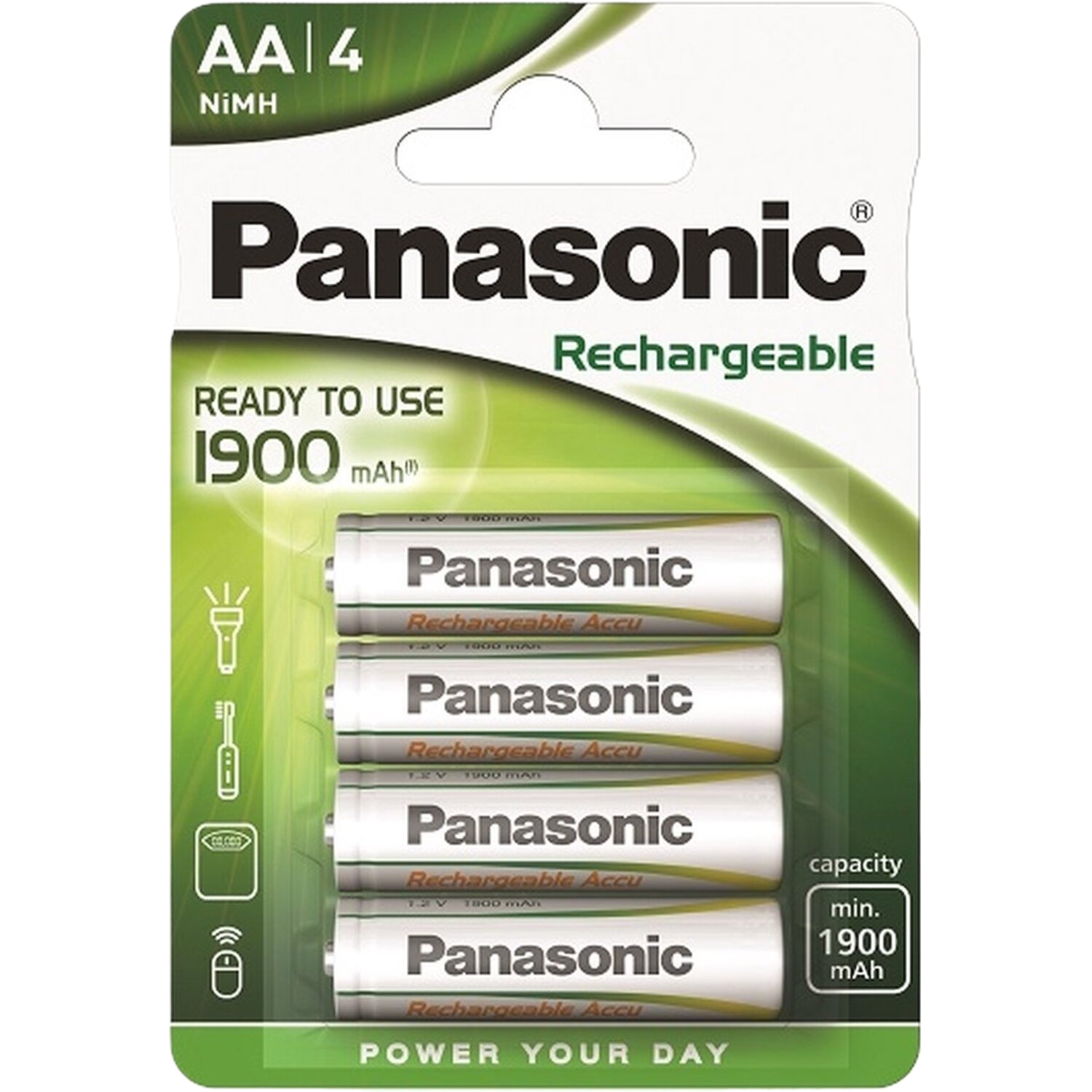 Quatre piles rechargeables AA dans un emballage, marque Panasonic.