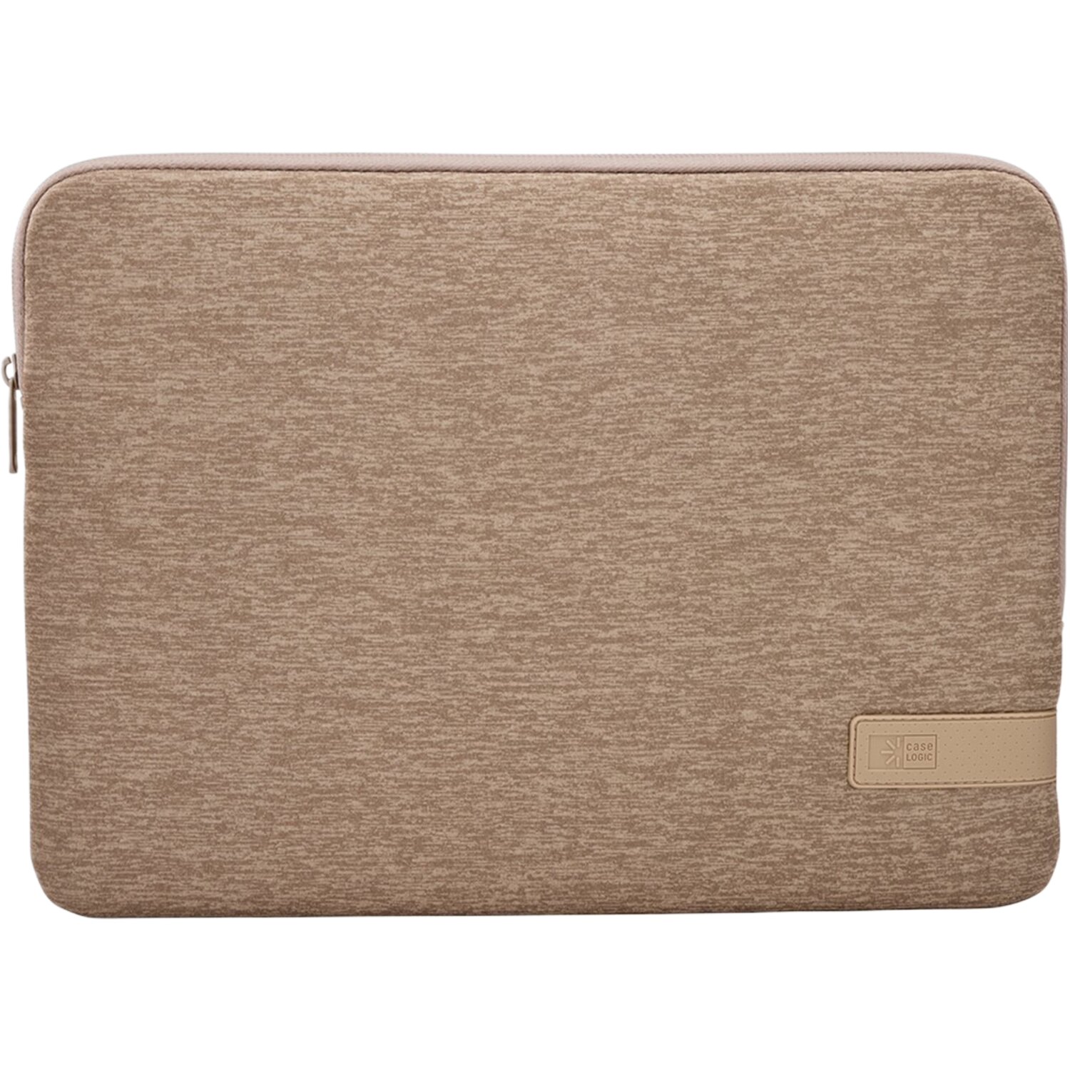 Housse pour ordinateur portable Case Logic beige avec fermeture éclair et étiquette en cuir.