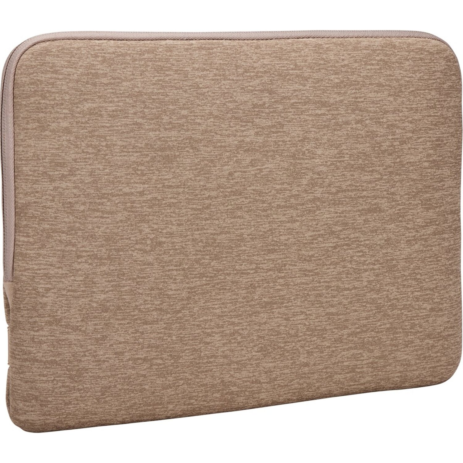 Housse d'ordinateur portable beige avec une fermeture éclair.