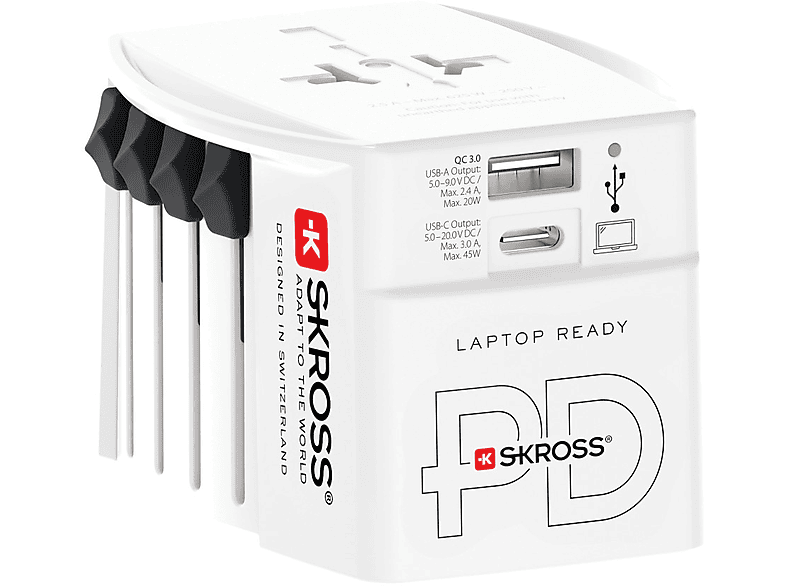 SKROSS MUV USB AC45PD Reiseadapter mit USB-C Kabel, Weiß
