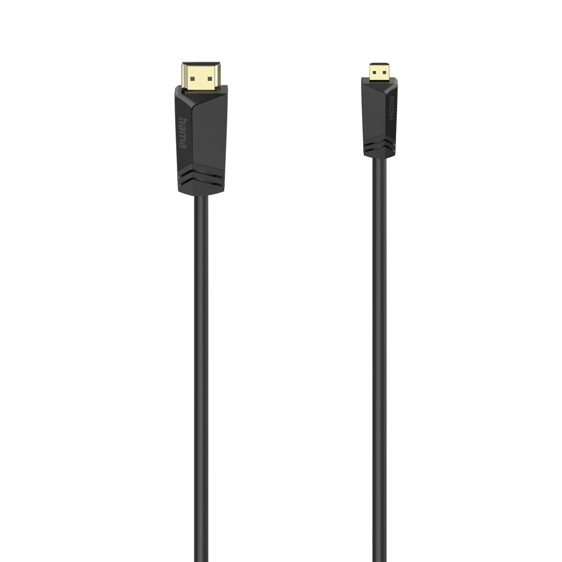 Zwei schwarze HDMI-Kabel nebeneinander. Eines hat den Markennamen "hama".