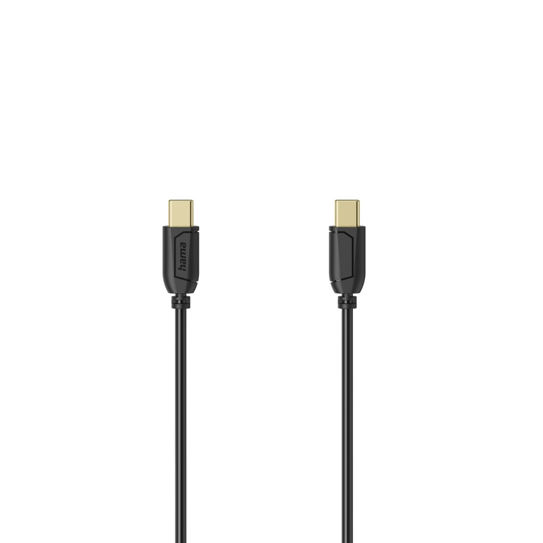 Zwei schwarze USB-C-Kabel mit Goldsteckern, nebeneinander auf weißem Untergrund.