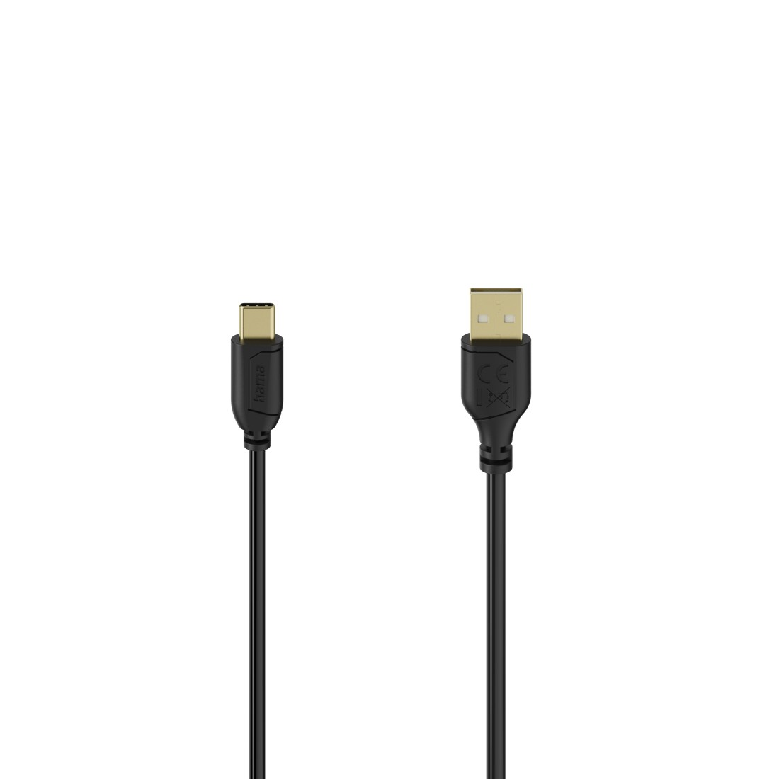 USB-C-zu-USB-A-Kabel, schwarz, mit Anschlüssen auf weißem Hintergrund.