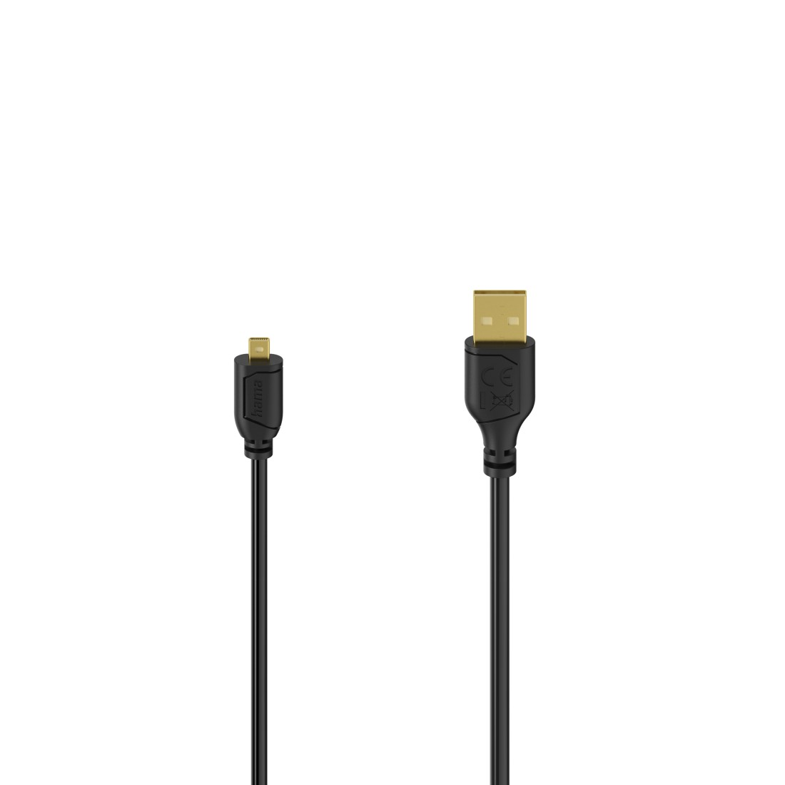 USB-Kabel mit Micro-USB- und USB-A-Anschlüssen, schwarzes Kabel, goldene Anschlüsse, weißer Hintergrund.