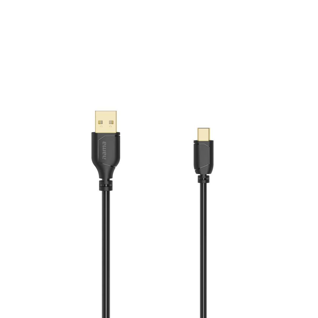 Schwarze USB- und USB-C-Kabel. Beide sind auf weißem Hintergrund, isoliert, nebeneinander.